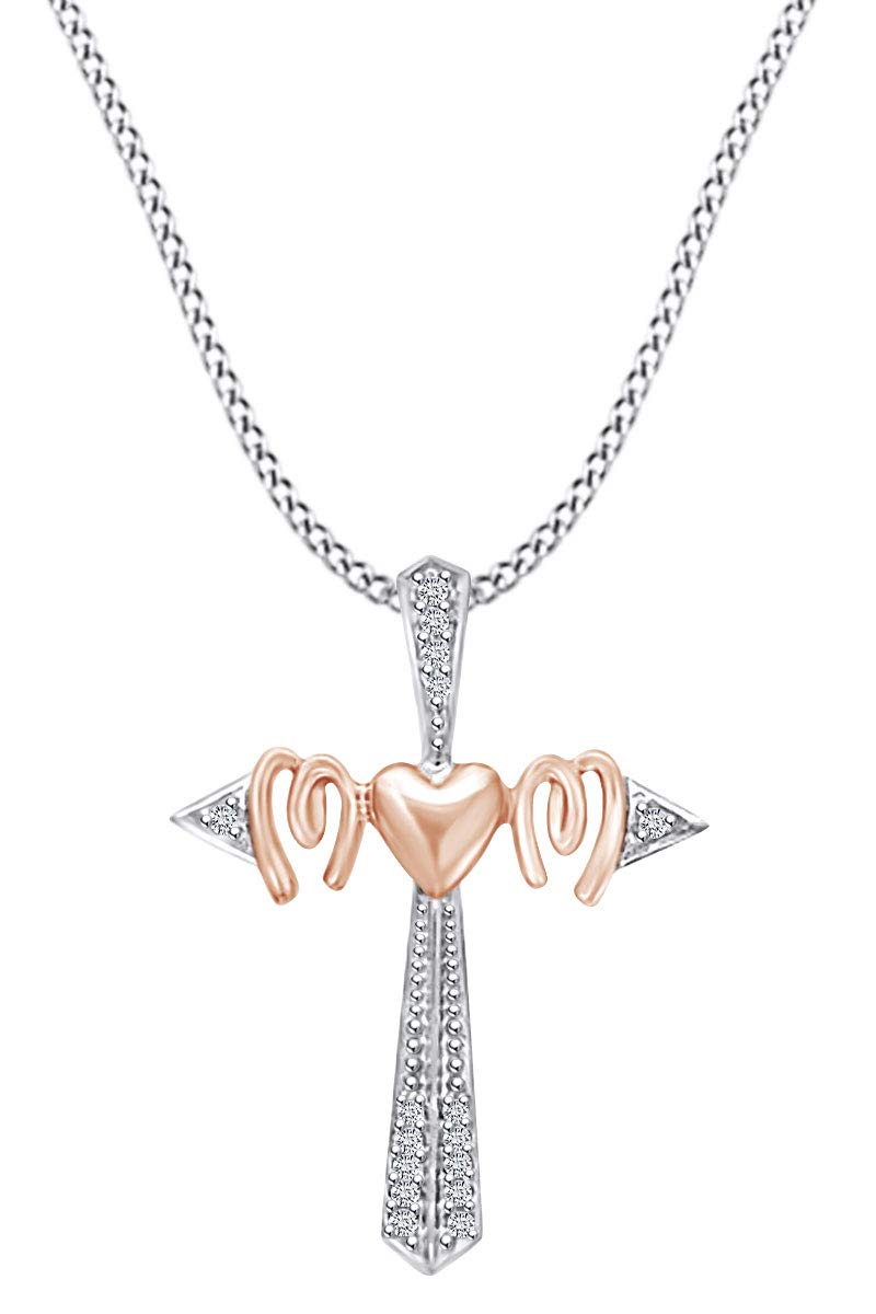 10k Solid Gold Two-Tone Mom Cross Pendant Necklace with Natural Diamond Accent - Perfect Mother's Day Jewelry Gift for Women - Ideal for Birthday, Anniversary, Baptism & Special Occasions