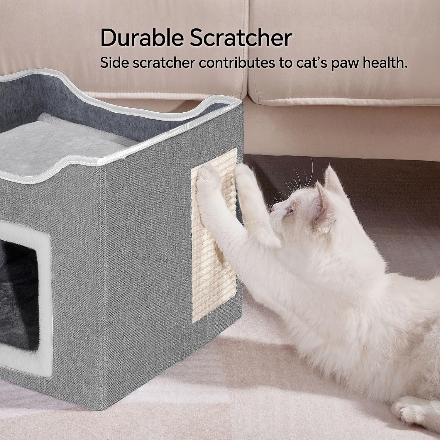 BEDELITE Foldable Cat Bed for Indoor Cats - Cozy Cat House with Scratch Pad & Toy Ball, Portable Cat Condo & Kitten Cave Hideaway, 15.4×15.4×12.6 inches (Grey) - Perfect for Living Room, Bedroom & Pet-Friendly Spaces