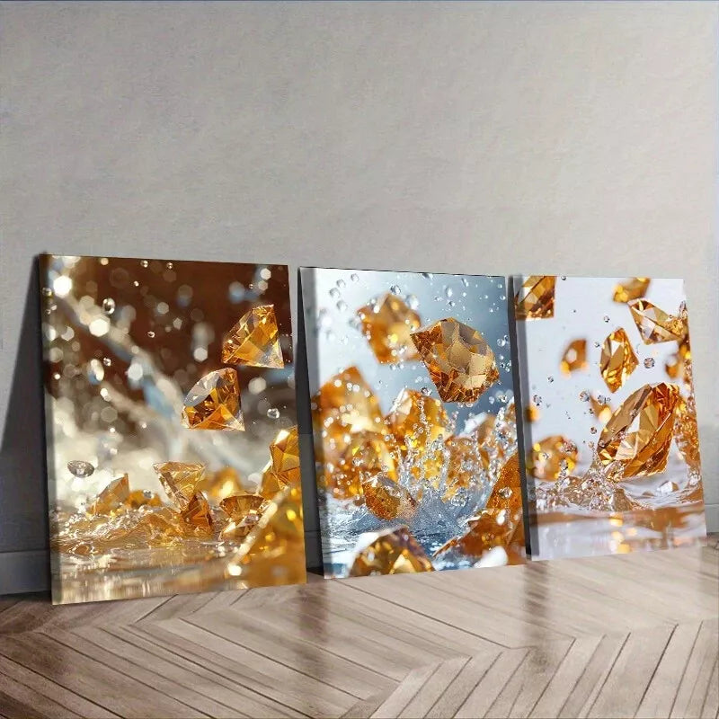 3-Piece Yellow Diamonds Crystal Wall Art Set - Framed Canvas 40x60cm (16x24 Inches) - High Quality Print - 100% Australian Made - Ready to Hang - Perfect for Living Room, Bedroom & Office Decor