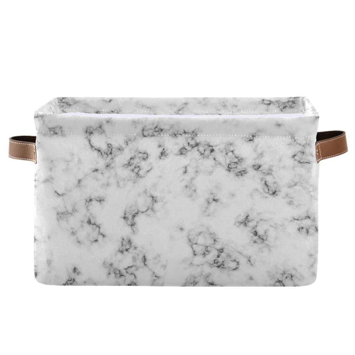 Collapsible White Marble & Black Texture Fabric Storage Basket with PU Leather Handles - Organizer Bin for Toys, Wardrobe, Closet Shelves - Perfect for Nursery, Playroom & Home Organization