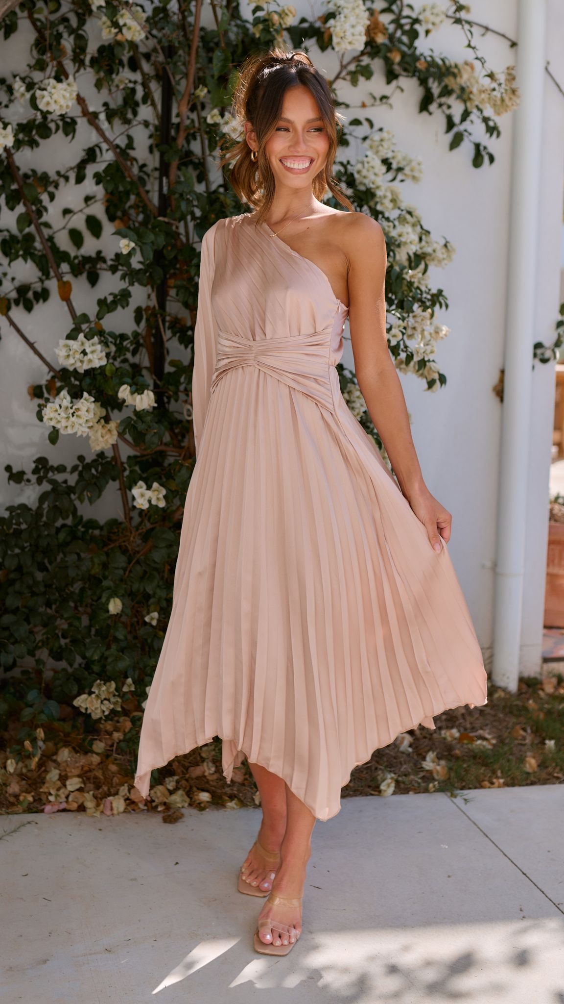 Elegant Brooklyn One Shoulder Midi Dress in Champagne - Perfect for Cocktail Parties, Date Nights & Summer Weddings