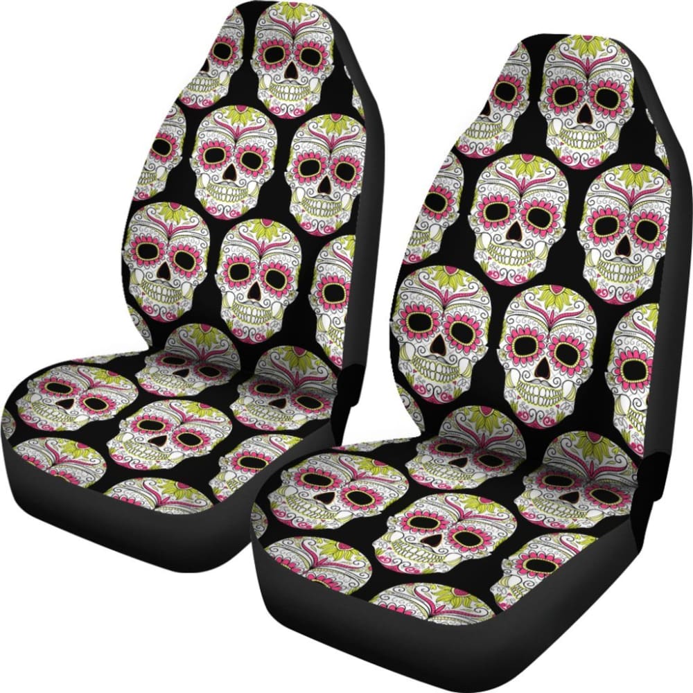 2 Pcs Sugar Skull Car Seat Covers - Day of The Dead Themed Seat Protectors for Cars, Trucks & SUVs | Perfect for Halloween, Dia de Los Muertos Celebrations & Unique Car Decor