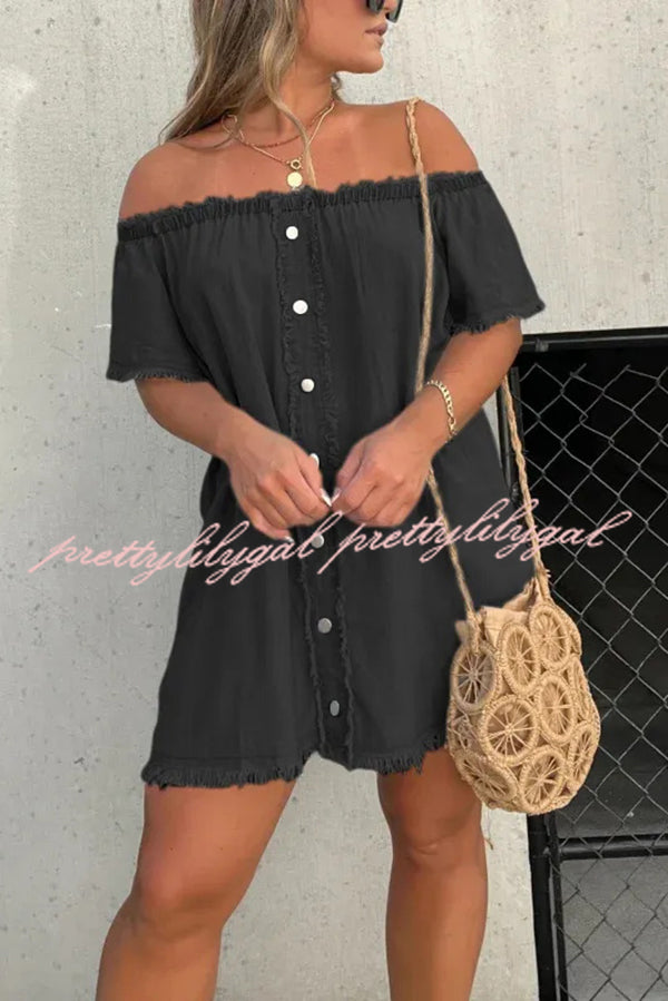 Stylish Off Shoulder Denim Mini Dress for Women - Casual Loose Fit Short Sleeve Summer Dress for Beach, Party & Date Night