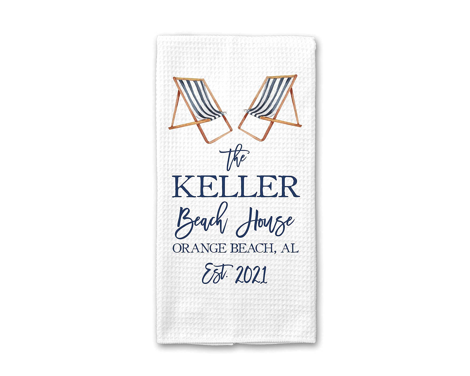 Personalized Beach House Kitchen Towel - Custom Family Name Waffle Weave Tea Towel for Coastal Decor | Perfect Beach Housewarming Gift for Kitchen, Bathroom & Summer Entertaining