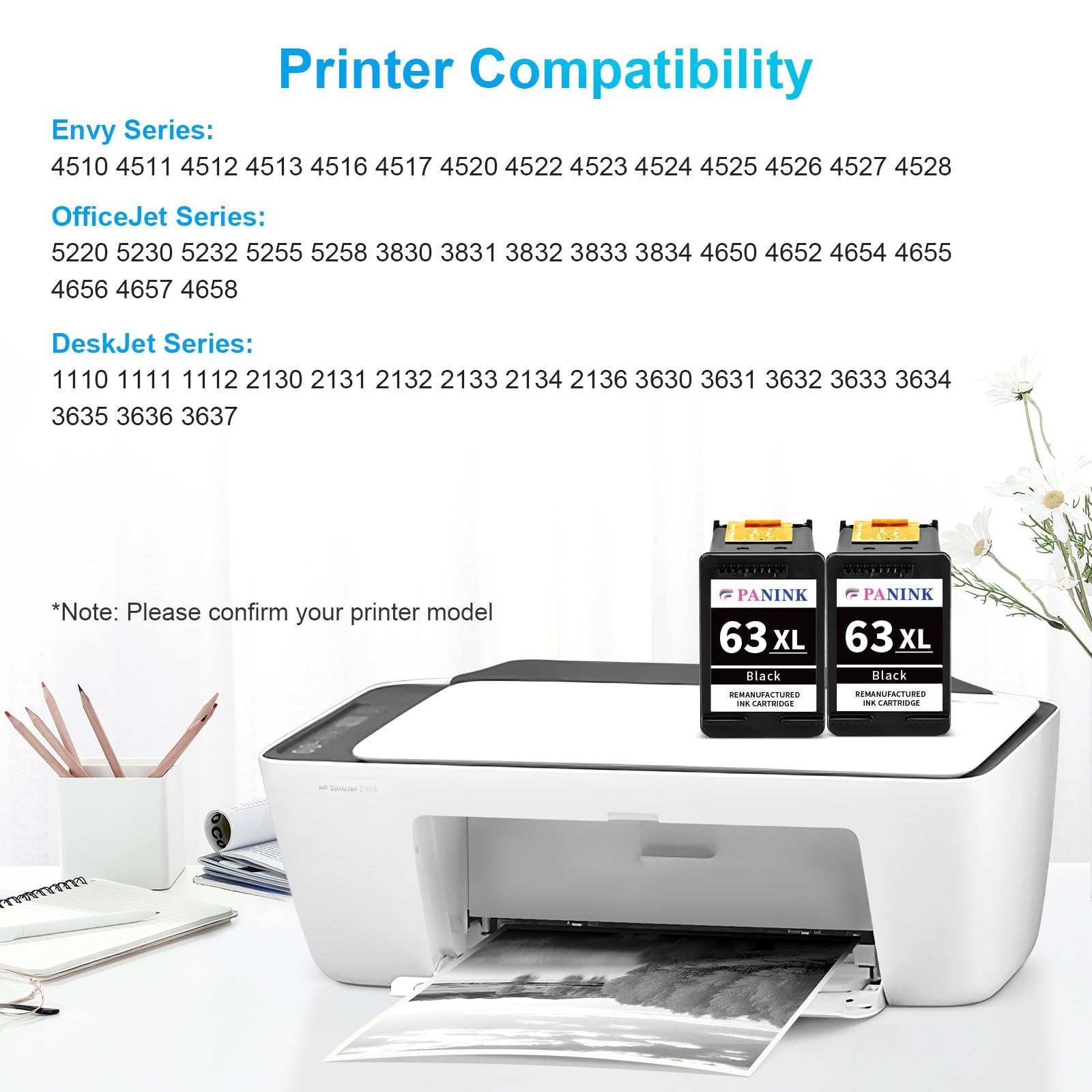 Remanufactured HP 63 XL Black Ink Cartridge (2-Pack) - Compatible with HP 3830, 5255, 4650, Envy 4520 & More Printers | High-Quality Printer Ink Replacement for Home & Office Use