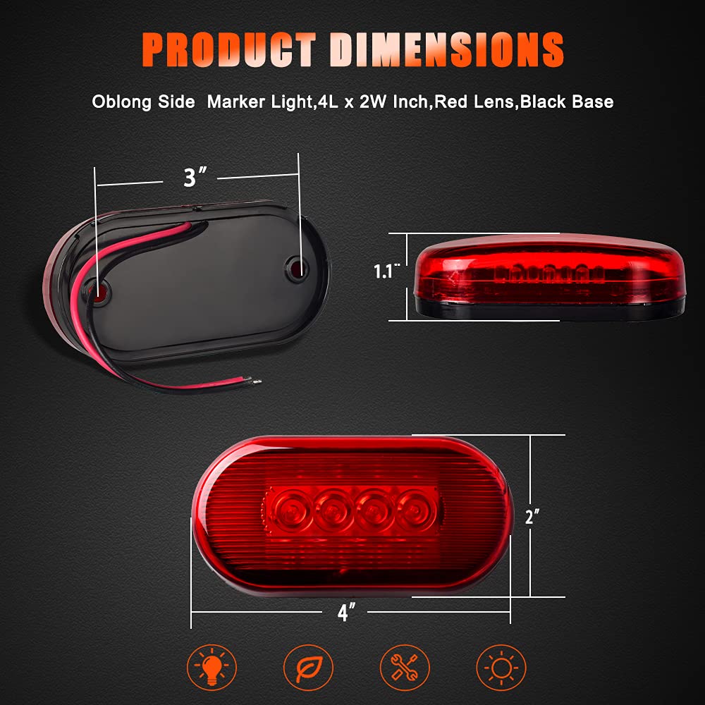 2Pcs 4x2 Inch Oval Red LED Side Marker Lights - 10 Diodes Waterproof Surface Mount Clearance Lights for RV, Trailer, Truck & Camper - Black Base - Perfect for Nighttime Visibility & Road Safety