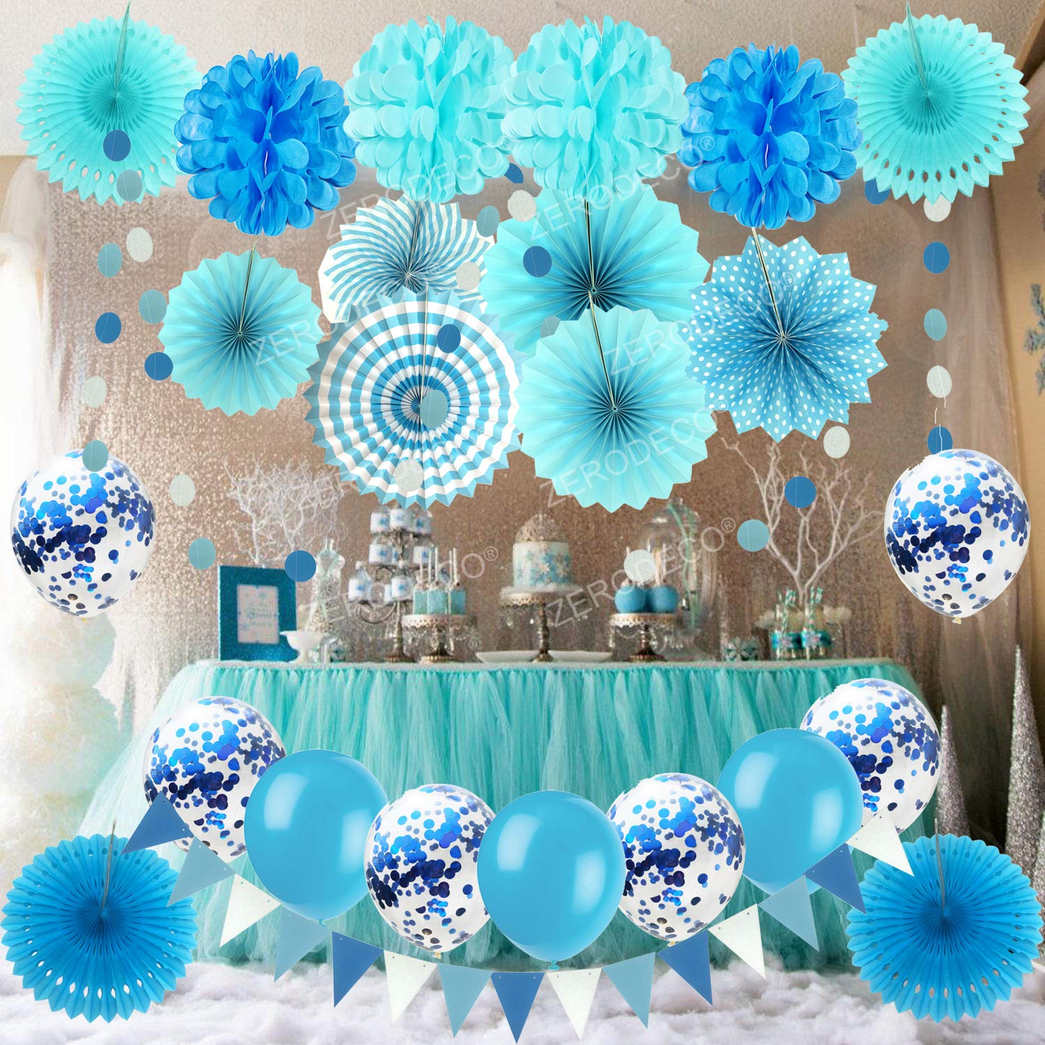 ZERODECO 12-Pack Blue Confetti Party Decorations Set - Hanging Paper Fans, Balloons, Pompoms & Bunting Flags for Graduation, Wedding, Birthday, Baby Shower Decor | Indoor & Outdoor Party Supplies