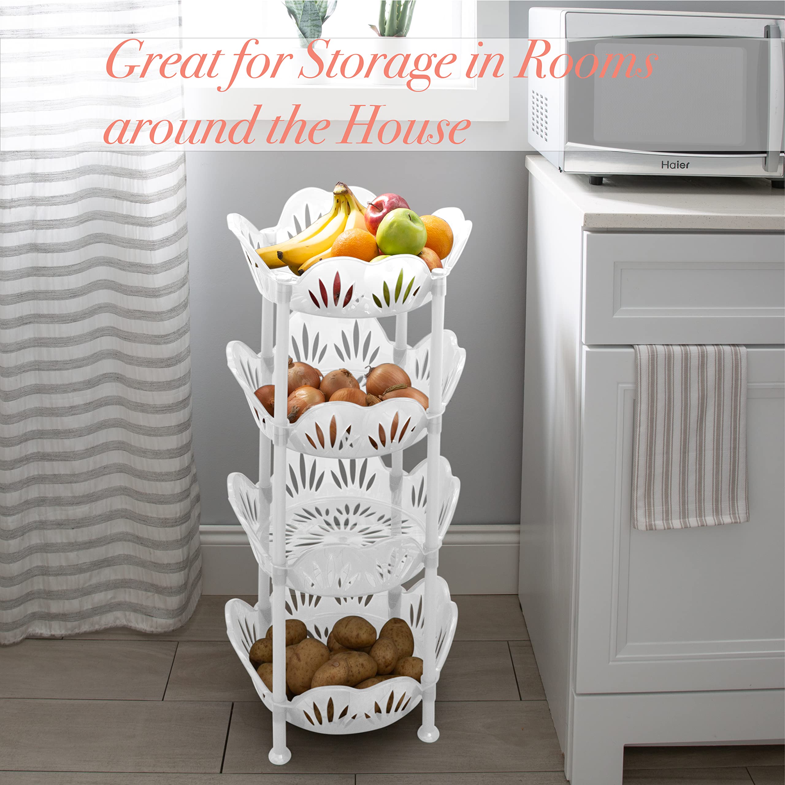 4-Tier Large Round Basket Shelf for Kitchen, Bathroom, Laundry & Office Storage | White Organizer for Food, Supplies & Household Items | Perfect for Small Space Organization & Decluttering