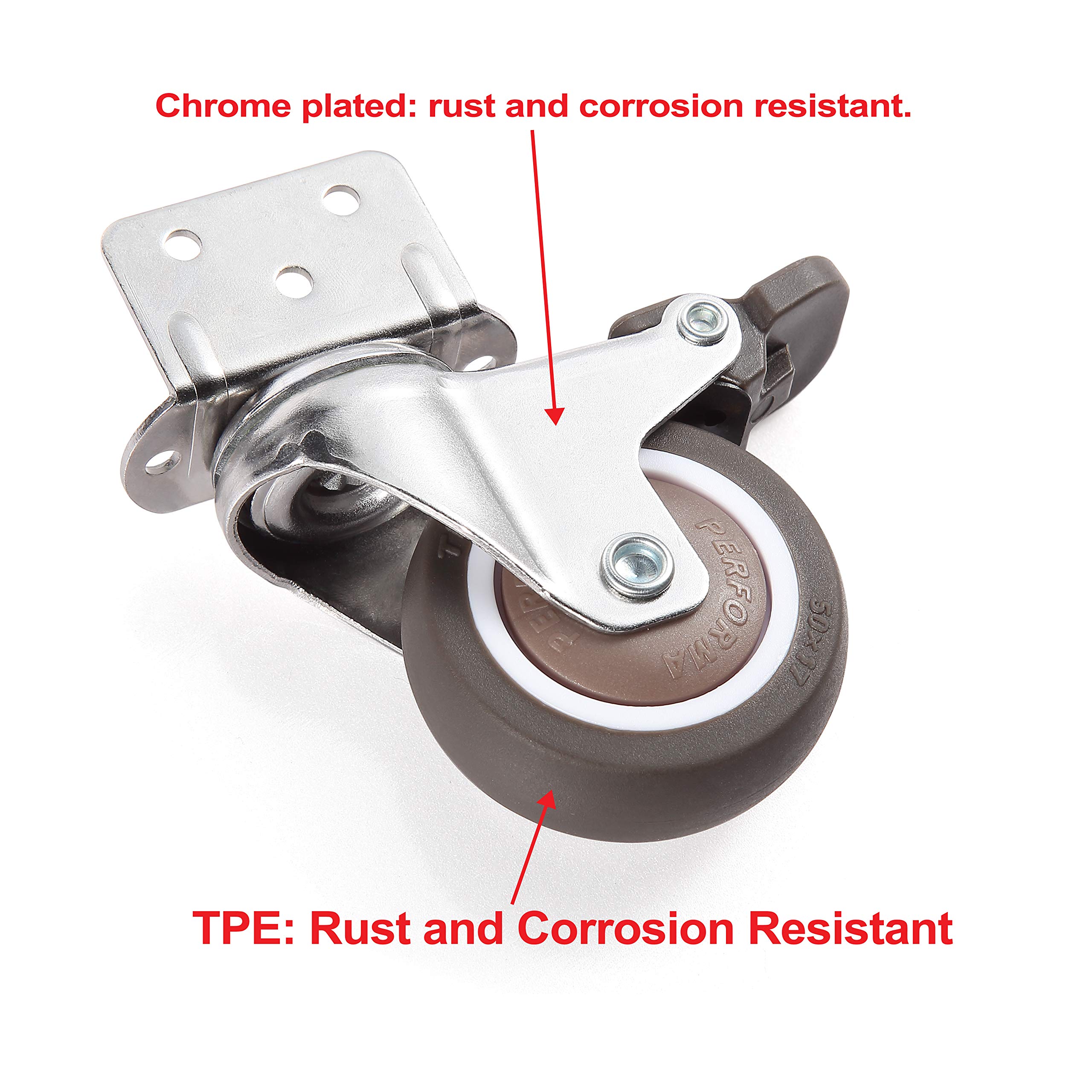 4 Pack 2 Inch Swivel Plate Casters with Brake - Heavy Duty TPE Silent Wheels (240 Lbs Capacity) for Baby Cribs, Furniture, Kitchen Cabinets, Office Chairs & Shopping Carts - Smooth Rolling Replacement Casters for Home & Commercial Use