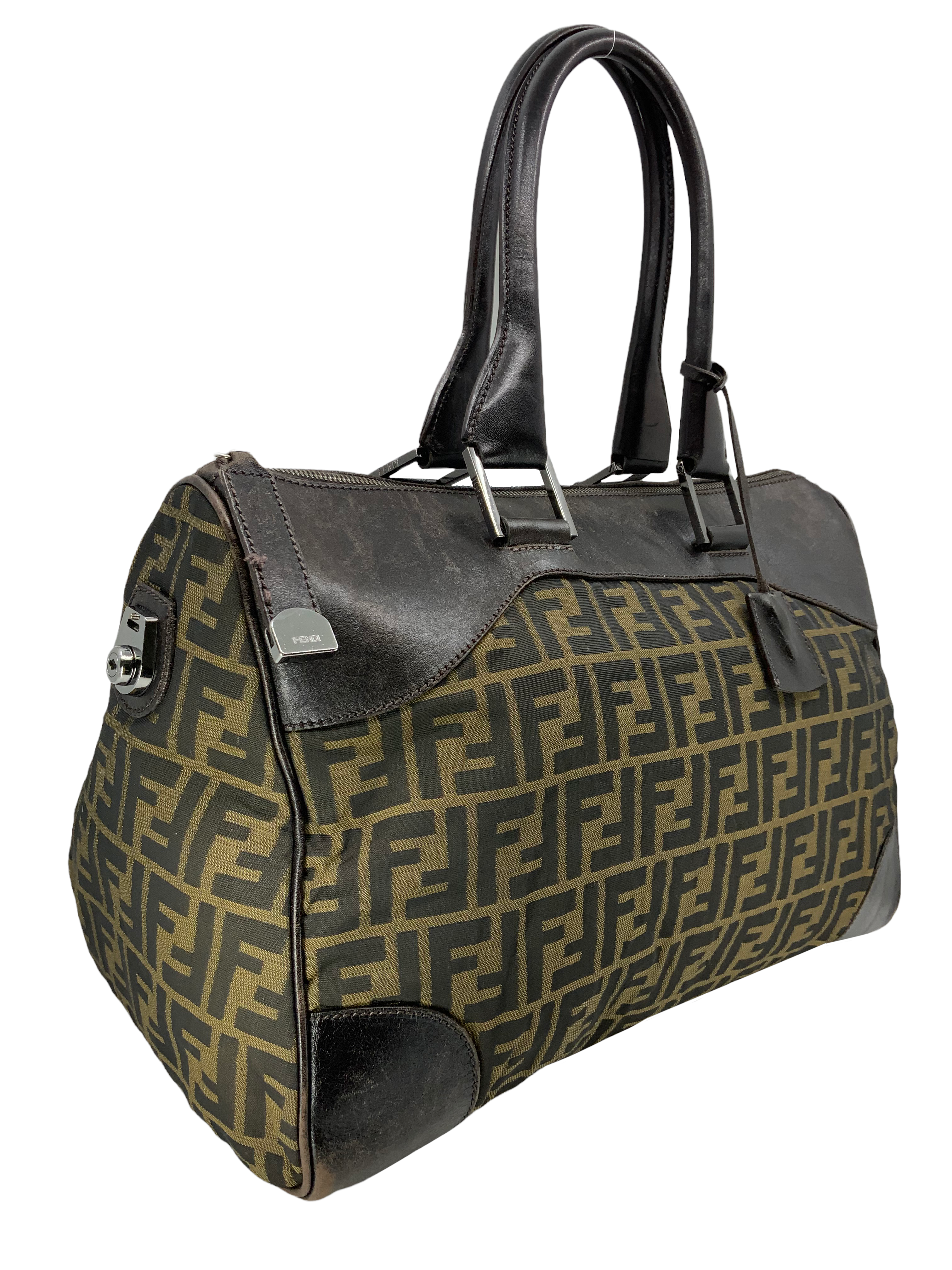 FENDI Zucca Canvas and Leather Small Duffel Bag - Stylish Travel Bag for Women, Perfect for Weekend Getaways & Gym Essentials