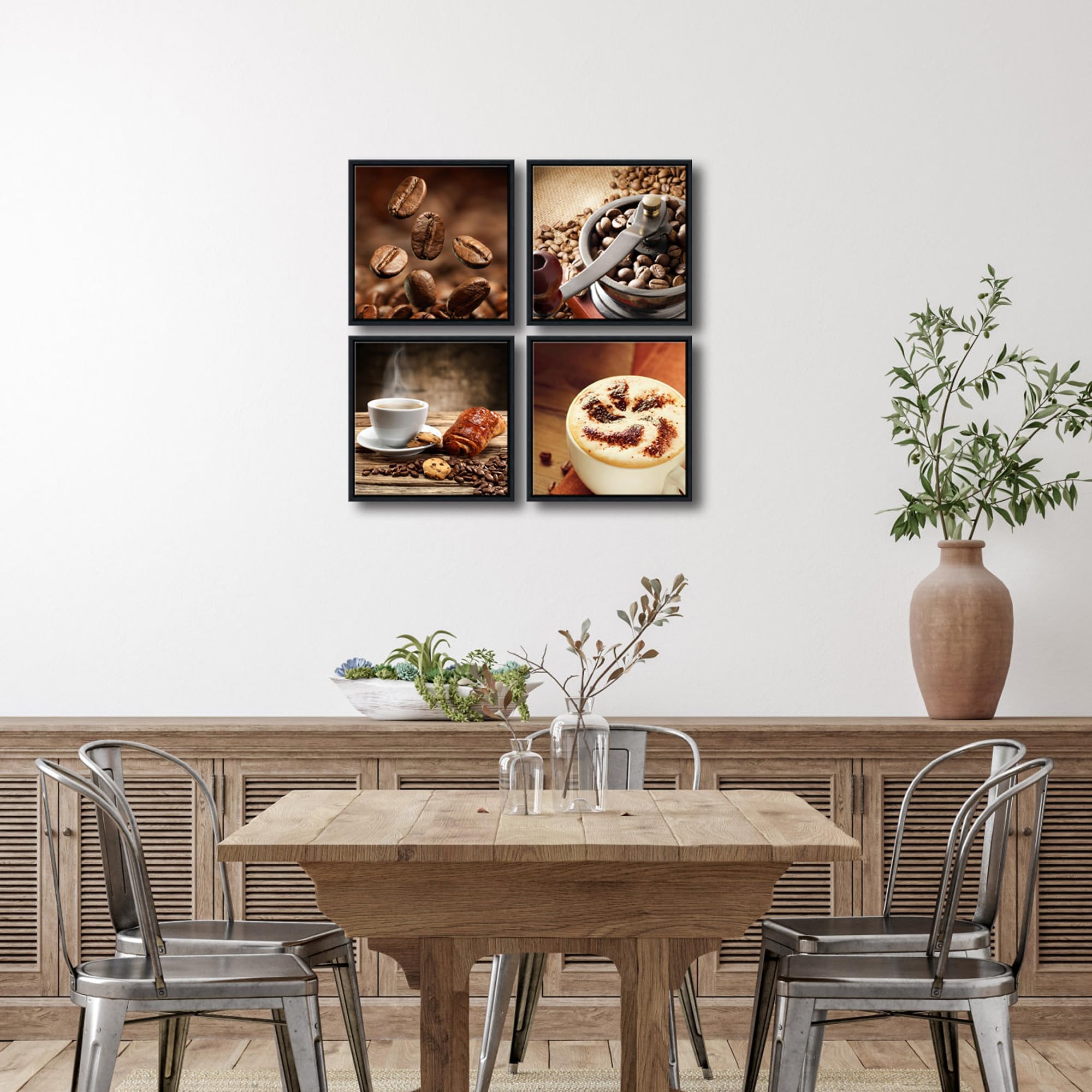 Wieco Art Black Framed 4-Panel Coffee Bean Canvas Wall Art - Modern Kitchen Decor for Living Room, Bedroom & Bathroom - Perfect for Home, Office & Cafe Wall Decoration