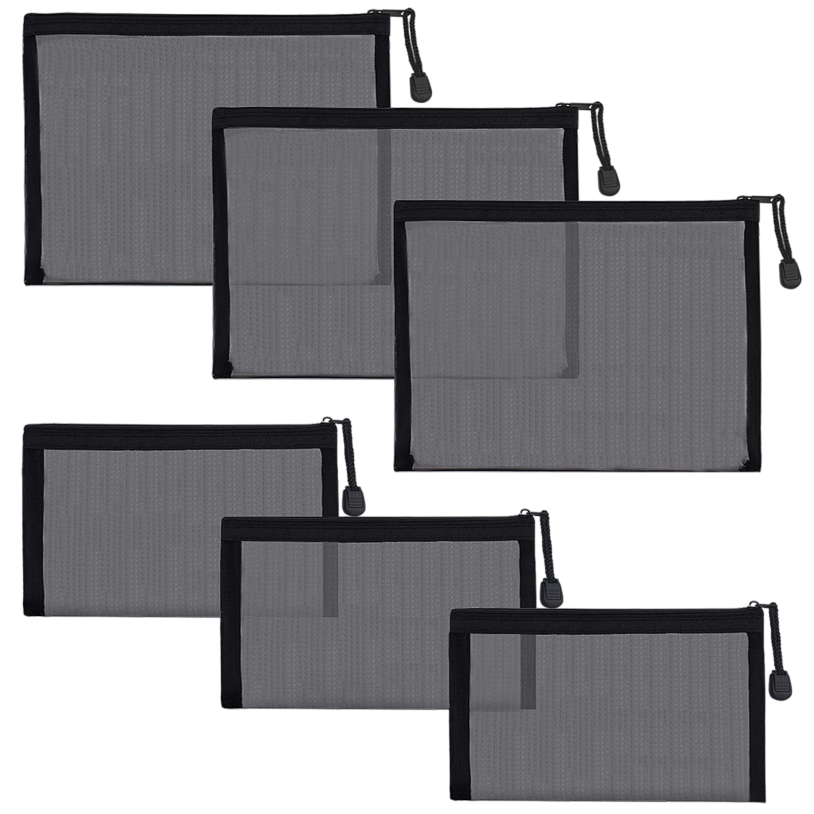 GINOYA 6 Pack Black Mesh Toiletry Bags - Waterproof Nylon Cosmetic Organizer Pouches with Zipper for Travel, Gym, Makeup, Diaper & Office Essentials | Perfect for Home, Vacation & Daily Use