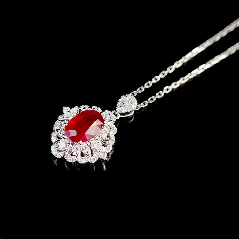 18K White Gold Luxury Necklace with Natural Ruby & Real Diamonds - Elegant Shiny Gemstone Jewelry for Women - Perfect for Weddings, Parties & Special Occasions