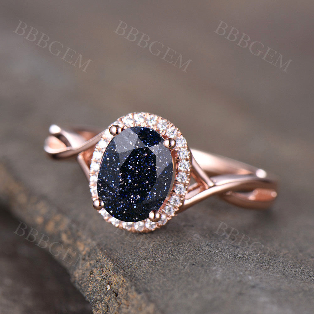 1.5CT Pink Gold Blue Sandstone Wedding Ring - Diamond Halo Infinity Band for Women - Elegant Engagement & Anniversary Jewelry Gift for Her