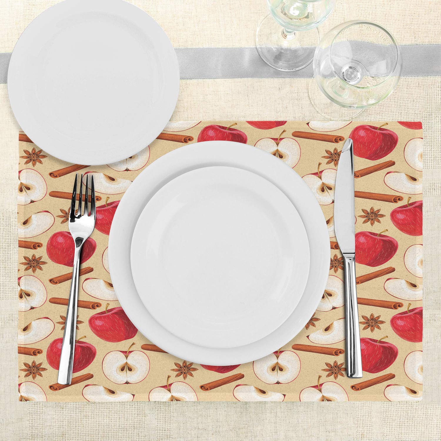 Ambesonne Apple Place Mats Set of 4 - Quartered & Halved Apples with Cinnamon Sticks Design, Washable Fabric Table Mats for Dining Room & Kitchen Decor (Beige Cinnamon Red) - Perfect for Fall Decorations, Thanksgiving Dinner & Cozy Family Gatherings