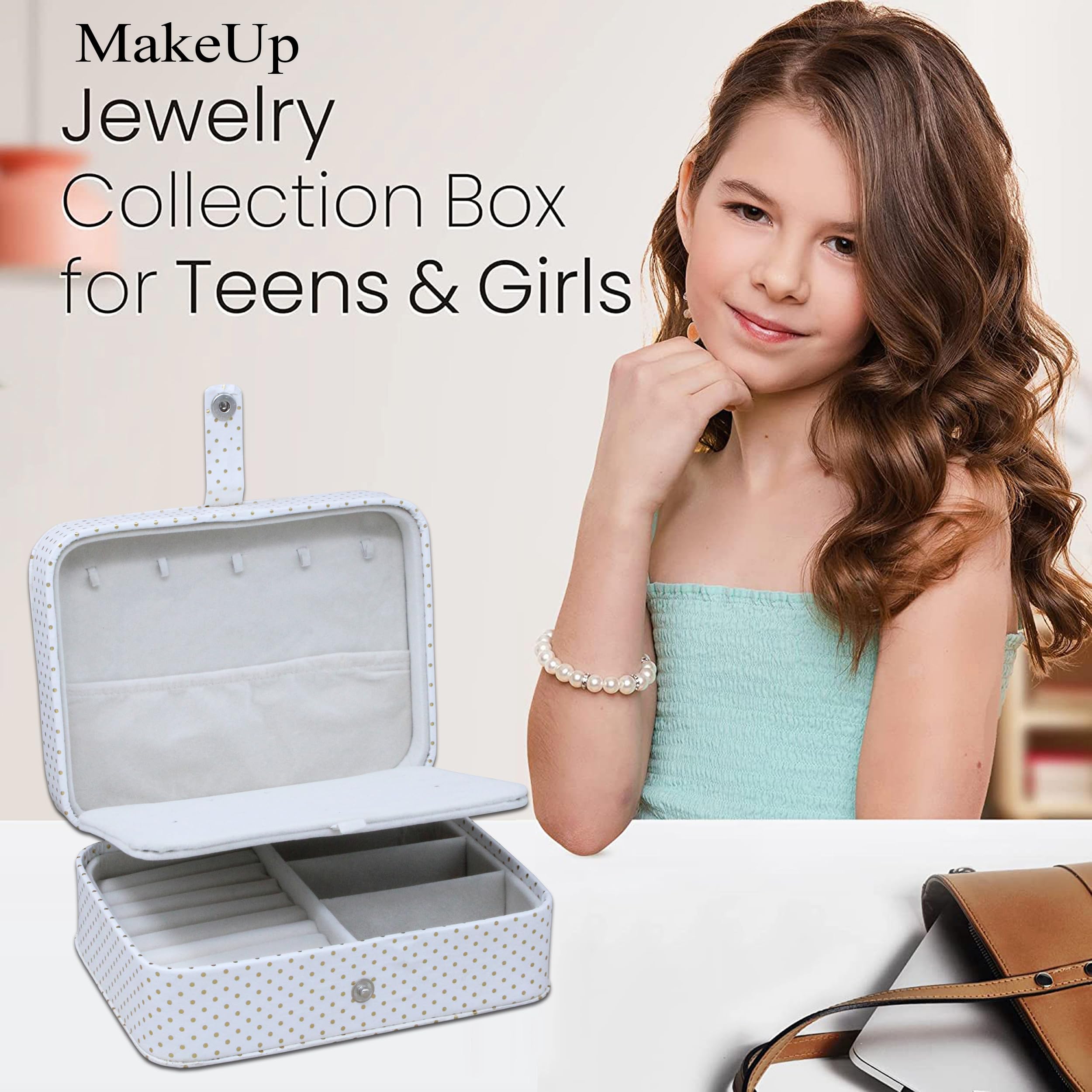 Atorakushon PU Leather 3 Grids Makeup Storage Box & Jewelry Organizer - Travel Vanity Case for Earrings, Necklaces & Cosmetics | Portable Wardrobe Organizer for Women (Cream) | Perfect for Travel, Home & Office Organization