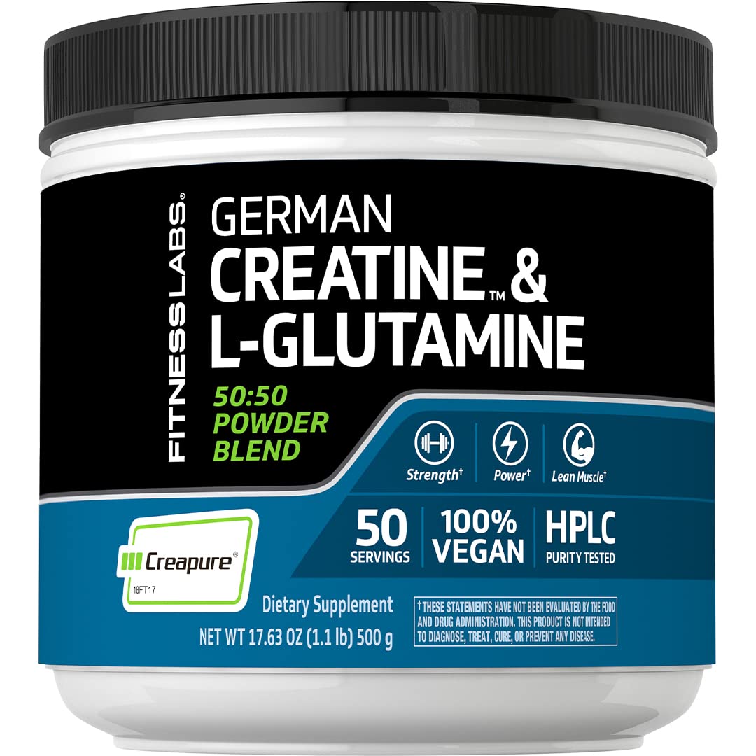 Fitness Labs German Creatine Monohydrate Powder with L-Glutamine - 1.1 lbs Pure Creapure Supplement for Muscle Growth & Recovery - Vegan Pre Workout & Post Workout Nutrition for Athletes & Bodybuilders