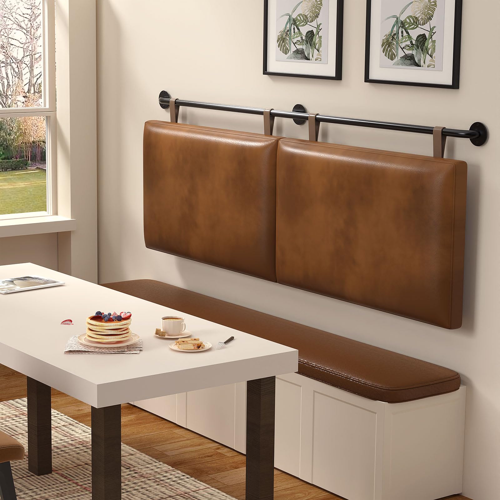 Industrial Pipe Queen Headboard - Brown Faux Leather Modern Bed Backboard | Space-Saving Hanging Design for Small Bedrooms & Studio Apartments