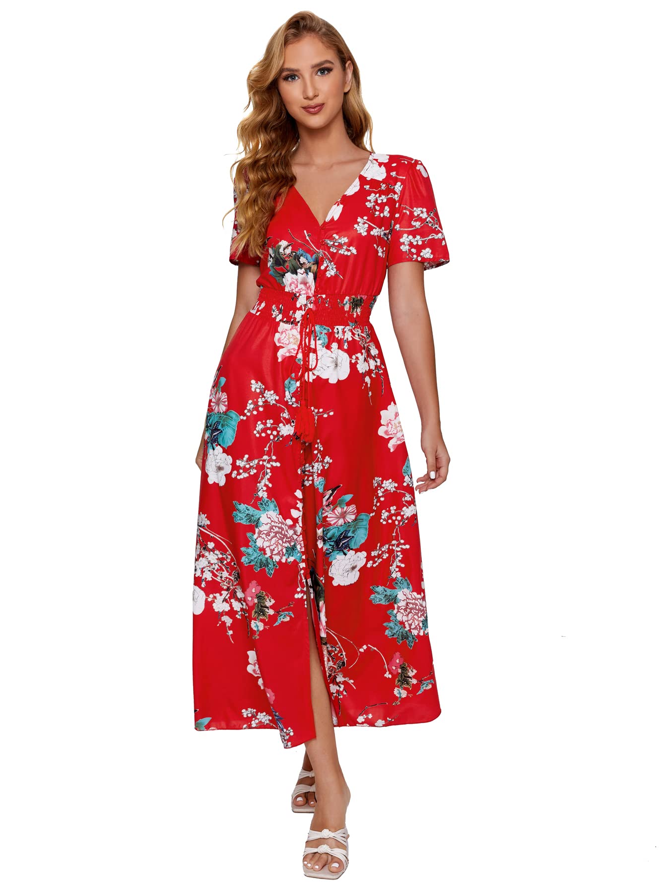 Milumia Women's Floral Print Button Up Maxi Dress - Elegant Split Flowy Party Dress for Summer Weddings, Beach Vacations & Special Occasions