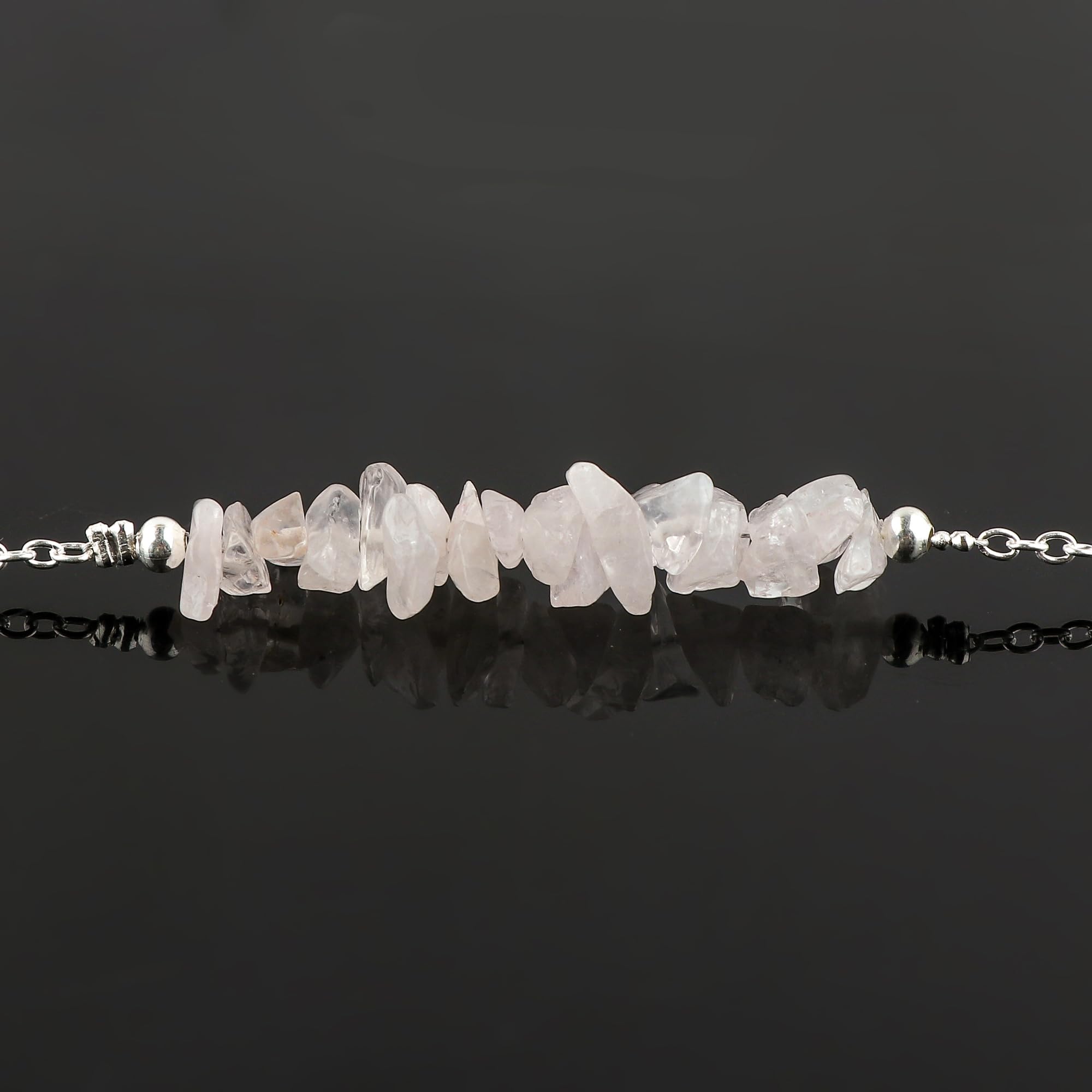 Natural Rose Quartz Chips Bar Bracelet - Healing Crystal Energy Jewelry with Silver Plated Raw Beads, 7-8 Inch Adjustable Chain for Women - Perfect Spiritual Gift for Valentine's Day, Birthday & Meditation