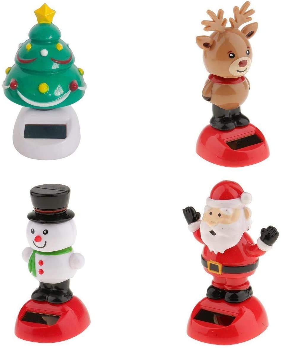 4pcs Solar Powered Christmas Dancing Toys - Snowman, Santa, Reindeer Holiday Decorations for Home, Office, Car & Window | Fun Solar Nodding Ornaments for Xmas Gifts & Party Decor
