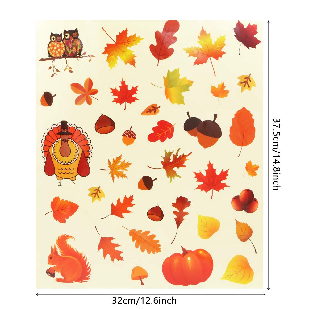 Set of 2 Fall Window Clings - Autumn Leaves, Acorns, Owls, Turkeys & Squirrels Decals for Thanksgiving Home Decor | Seasonal Window Stickers for Glass Doors, Windows & Office Decorations