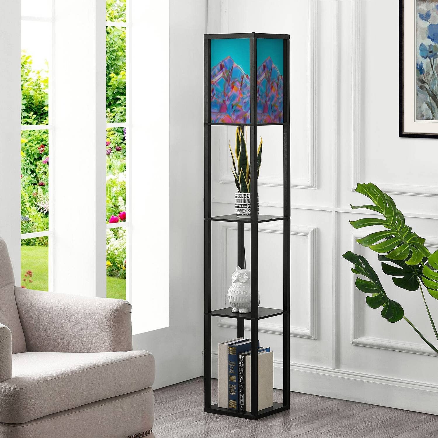 Modern Wood Floor Lamp with Shelves & Linen Shade - Shattered Glass Abstract Design Tall Standing Light for Living Room Bedroom - Perfect for Reading Nook, Home Office, and Cozy Corner Decor