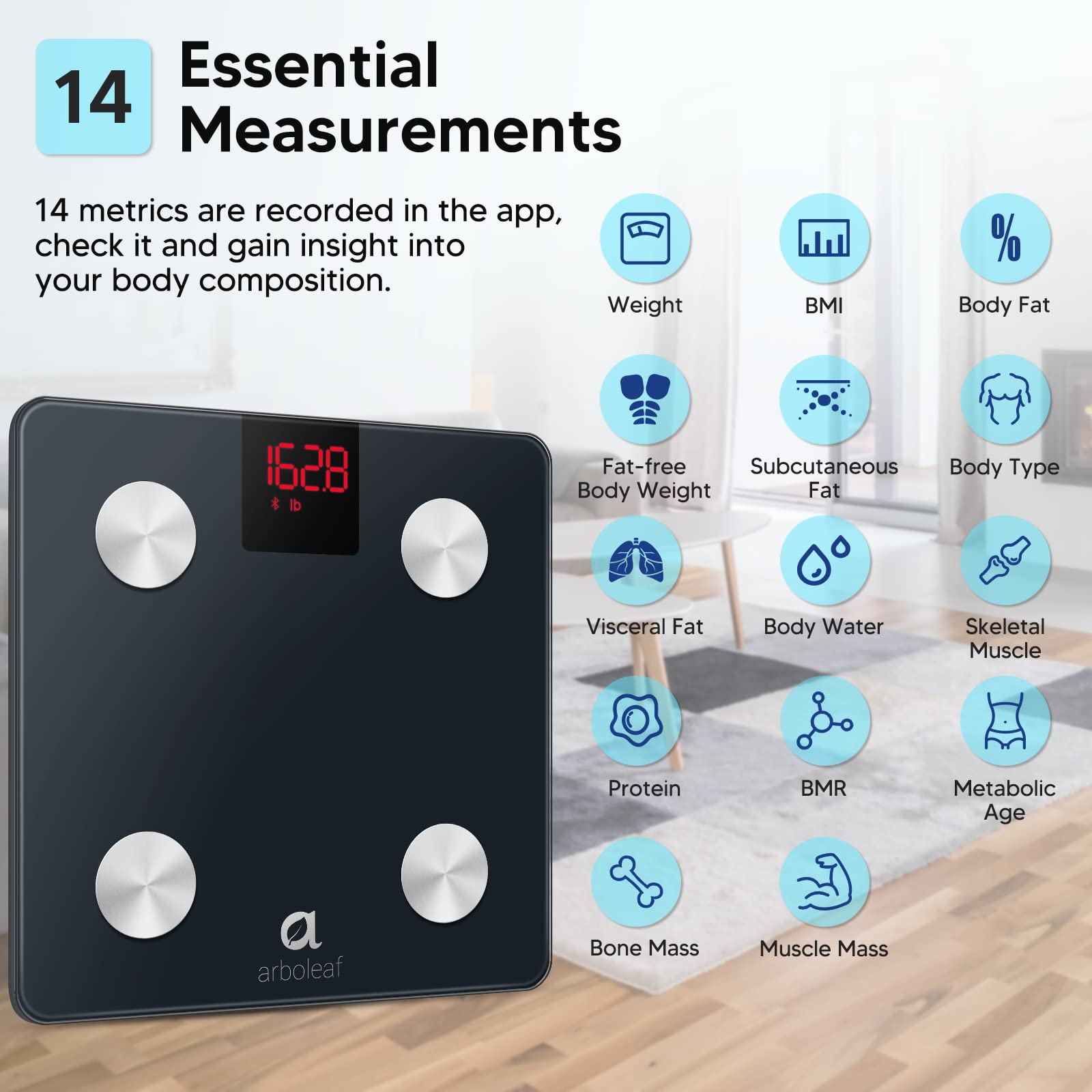 Arboleaf Digital Smart Bathroom Scale with Bluetooth - Body Weight & Fat Scale, 14 Body Composition Analyzer, Sync with Fitness Apps, FSA/HSA Eligible - Perfect for Home Gym, Weight Loss Tracking & Health Monitoring