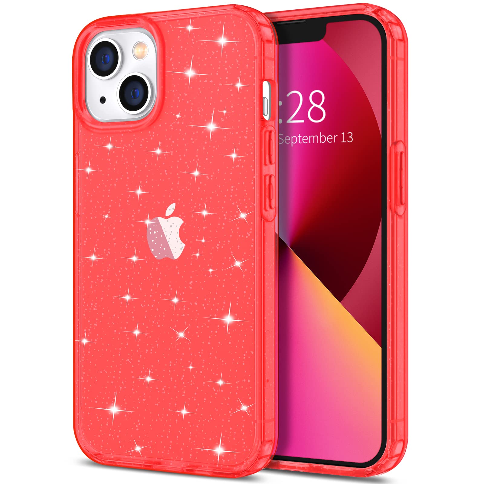 Hython Glitter Case for iPhone 13 - Sparkly Clear Bling Shockproof Protective Cover | Anti-Scratch Soft TPU Slim Fit Phone Case for Women & Girls (Red Glitter) | Perfect for Everyday Use, Parties & Gifting