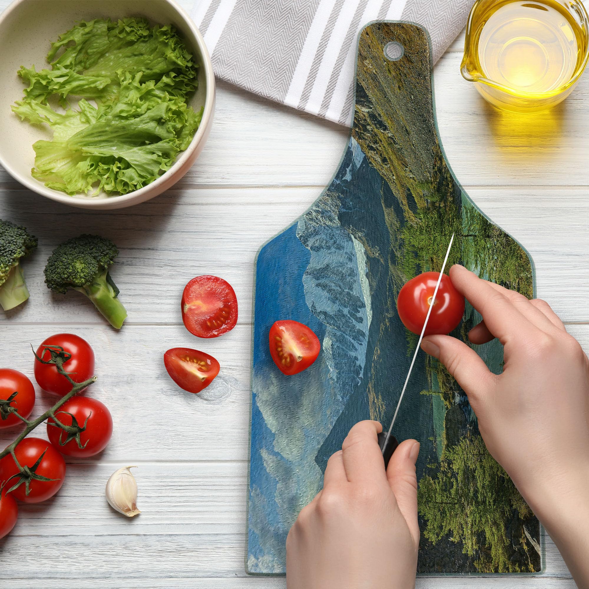 Lunarable Altai Mountains Chuya Ridge Lake Russia Siberia Sunbeams Morning Sky View Tempered Glass Cutting Board - Wine Bottle Shaped Serving Board in Brown Blue White - Perfect for Kitchen Decor, Charcuterie Display & Wine Pairing Parties