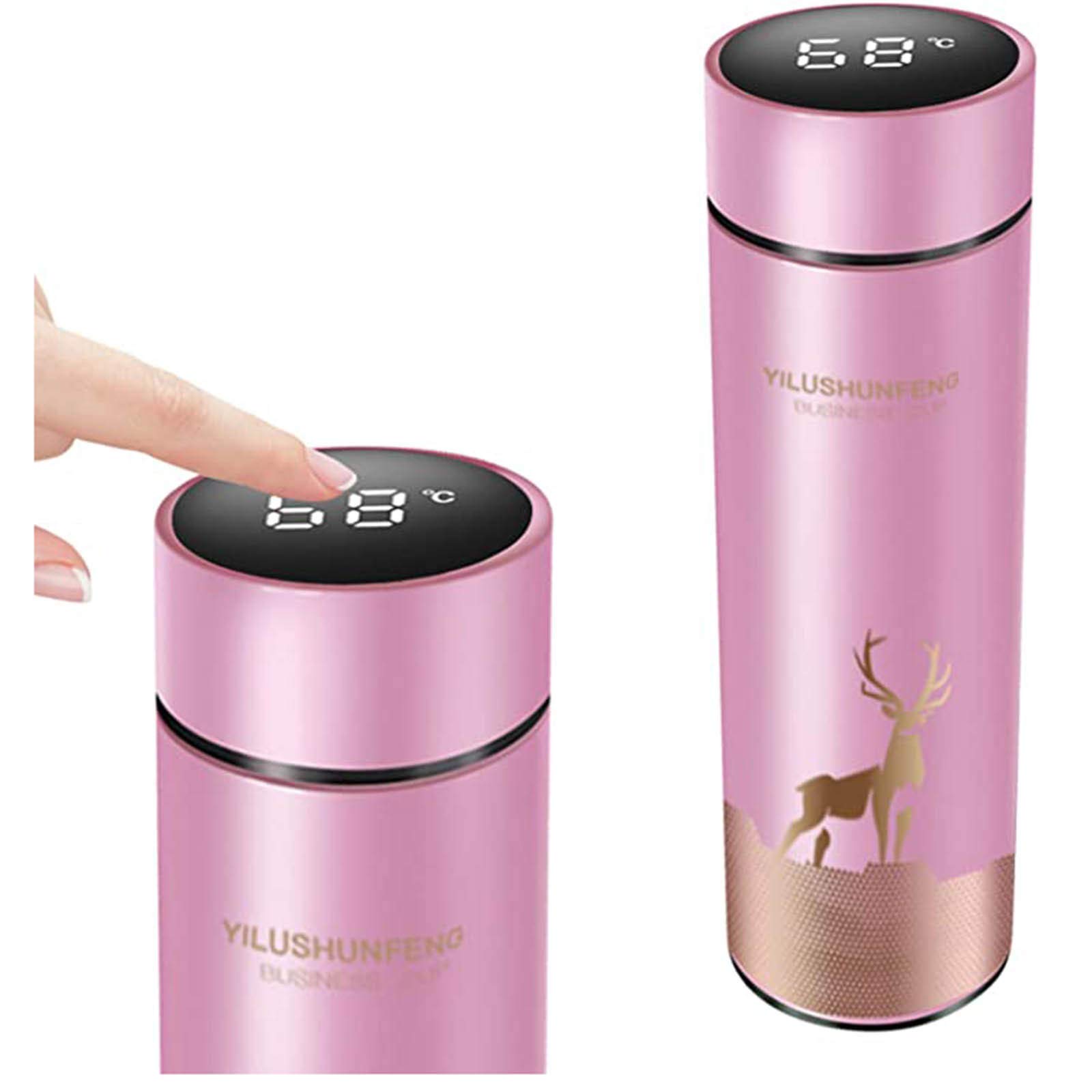 500ML Smart Temperature Display Coffee Thermos Flask - Insulated Glass Tea Cup with Handle & Saucer for Hot/Cold Drinks - Perfect for Office, Travel, and Home Use (Pink)