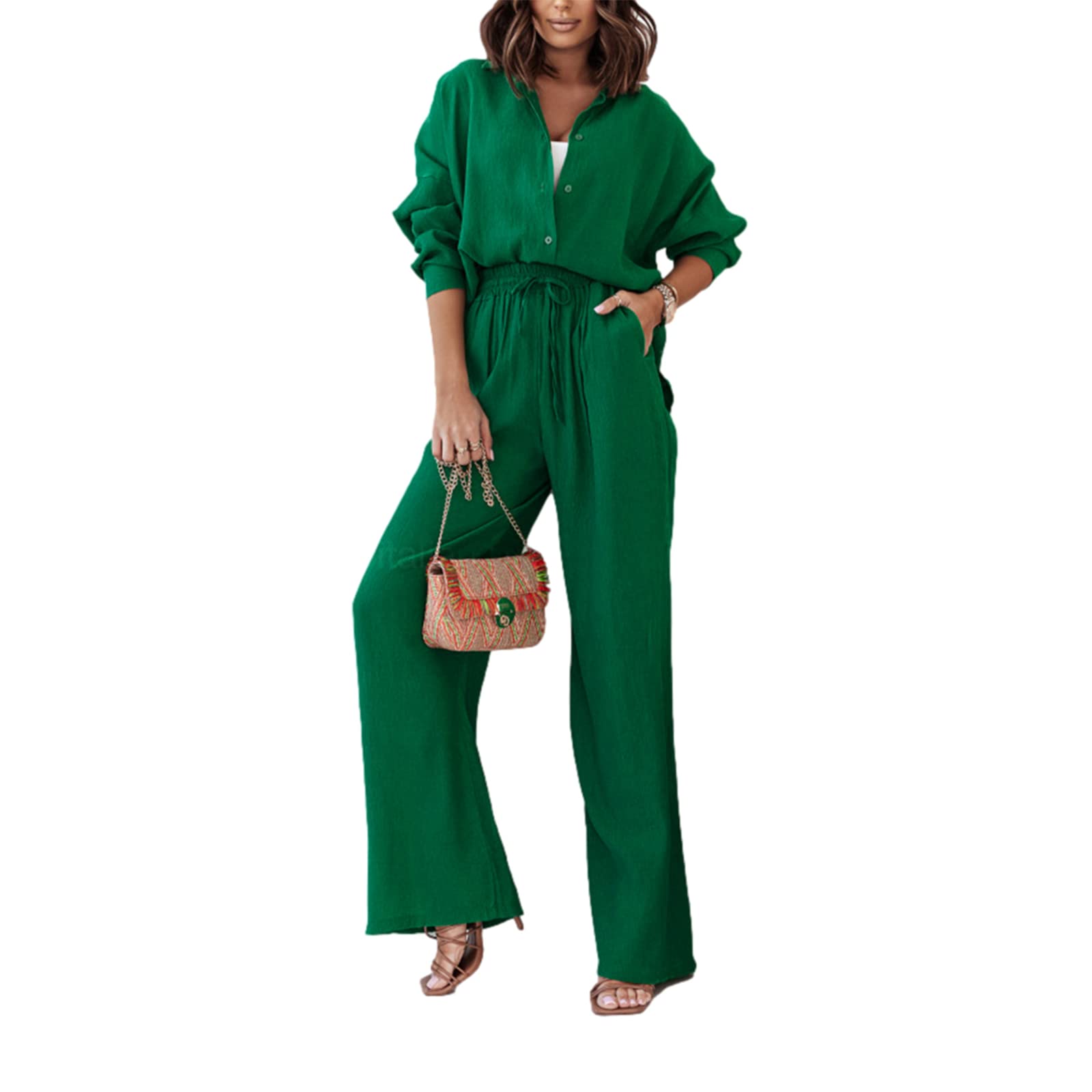 Women's Y2K 2-Piece Linen Outfit - Oversized Button Down Shirt & High Waist Drawstring Pants Set | Summer Streetwear Fashion | Casual Wear, Beach Vacation, Music Festival Outfit