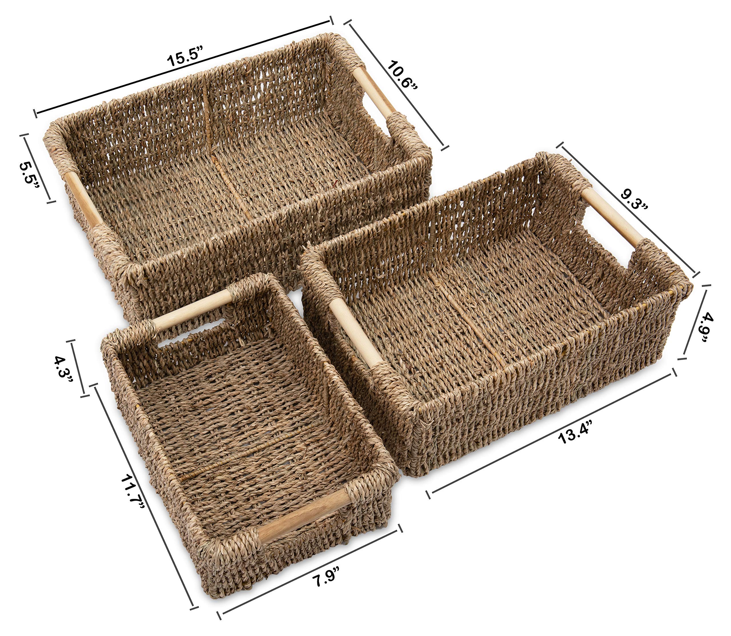 Natural Wicker Storage Baskets with Wooden Handles - Water Hyacinth & Seagrass Rectangular Organizing Bins for Shelves, Closet, and Home Decor | Perfect for Bedroom, Bathroom, and Living Room Storage Solutions