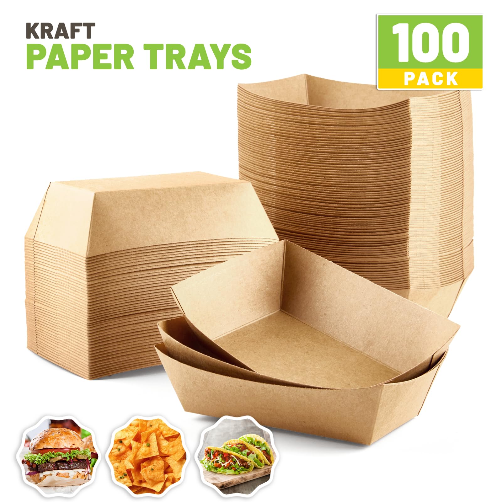 2 Lb Disposable Paper Food Trays - 100 Pack Brown Nacho Serving Boats for Party Snacks, Hot Dogs, Tacos & Fries | Eco-Friendly Takeout Containers for Restaurants, Catering & Picnics
