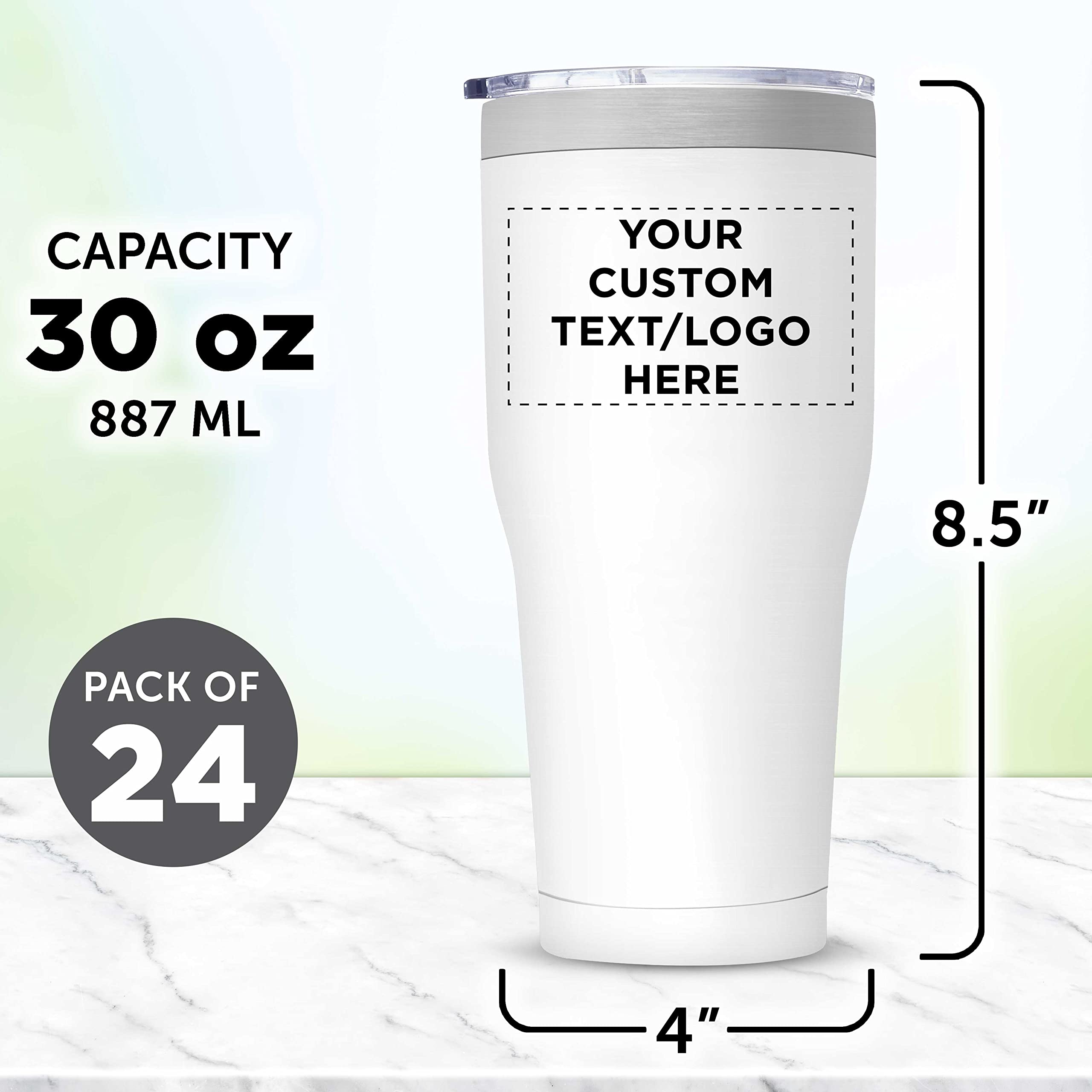 Custom 30 oz Big League Travel Tumblers - Set of 24 Insulated Stainless Steel Cups with Personalization - Double Wall Vacuum for Hot Coffee, Tea & Cold Drinks - Bulk Pack for Office, Sports Teams & Corporate Gifts - White