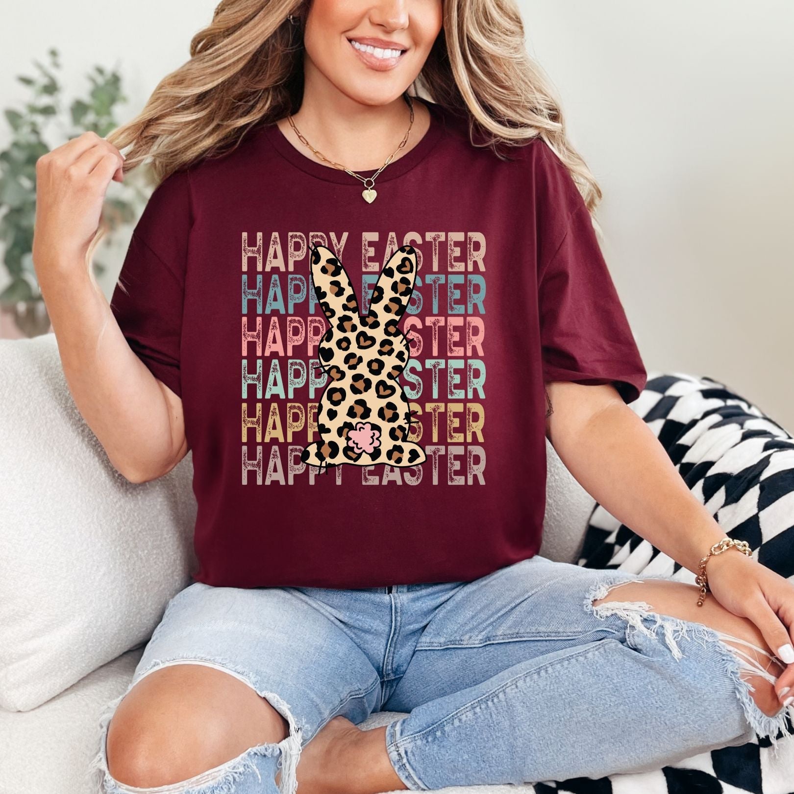 Leopard Bunny Happy Easter Graphic Tee - Cute Animal Print T-Shirt for Women & Girls - Perfect for Easter Celebrations, Spring Outfits & Casual Wear
