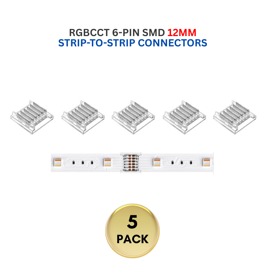 5 Pack SL 6 Pin Low Voltage Connectors for RGBCCT SMD Dotless LED Strip Lights 12mm - Perfect for Home Decoration, Under Cabinet Lighting and DIY Projects