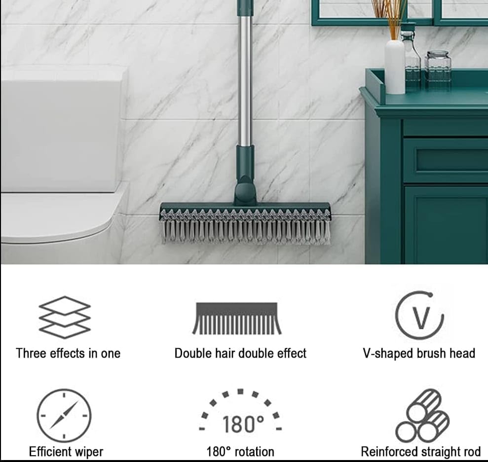 3-in-1 Tile Cleaning Brush with Long Handle & 120° Rotating Head - Bathroom Scrubber with Scraper for Shower, Tub, Wall, Deck & Terrace Tile Cleaning - Perfect for Grout, Ceramic & Porcelain Surfaces