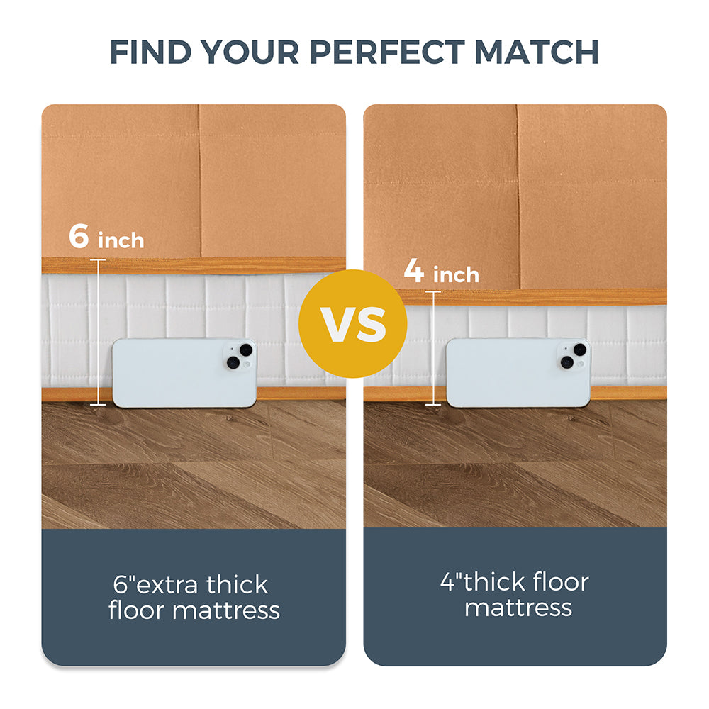 MAXYOYO 6-Inch Extra Thick Square Floor Futon Mattress - Foldable Memory Foam Topper Mattress Pad in Light Brown | Perfect for Guest Beds, Dorm Rooms & Small Apartments