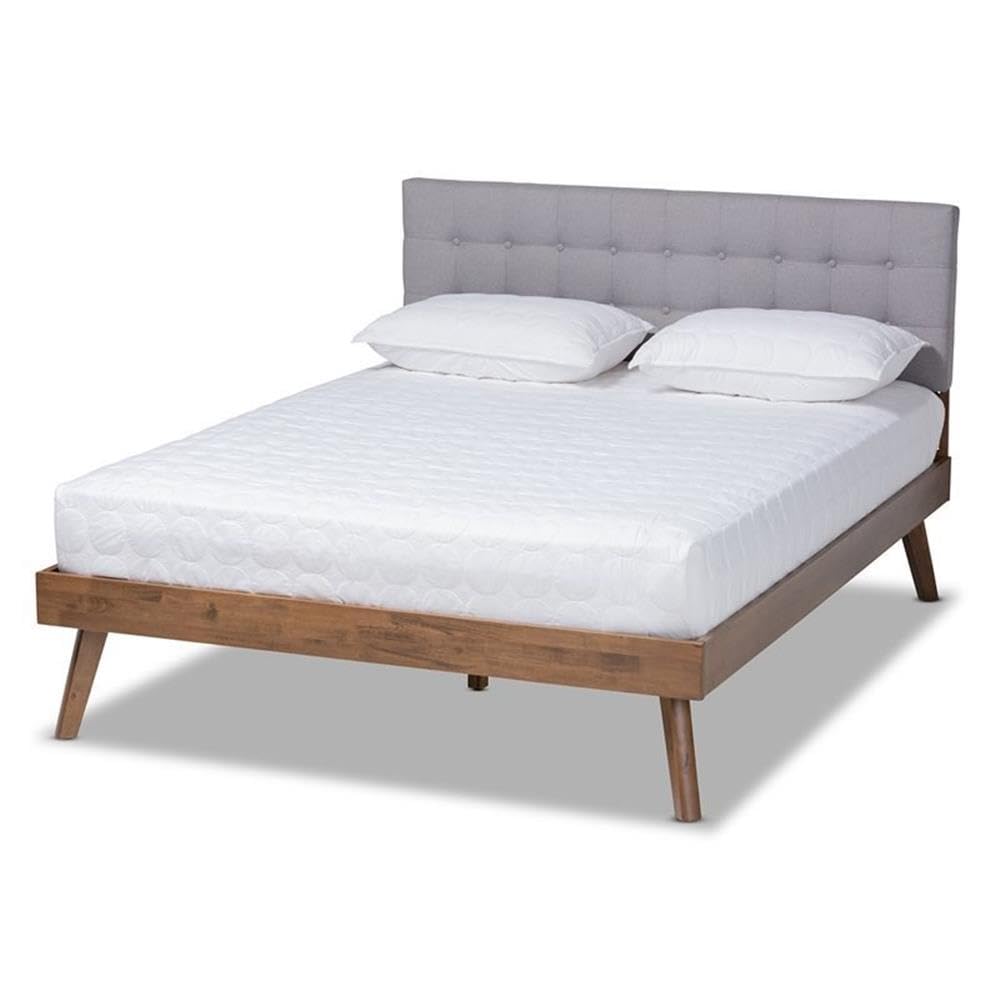 BOWERY HILL Mid-Century Modern Fabric Queen Size Platform Bed Frame - Light Gray/Walnut Finish - Sturdy Wood Slat Support - Perfect for Contemporary Bedrooms & Guest Rooms