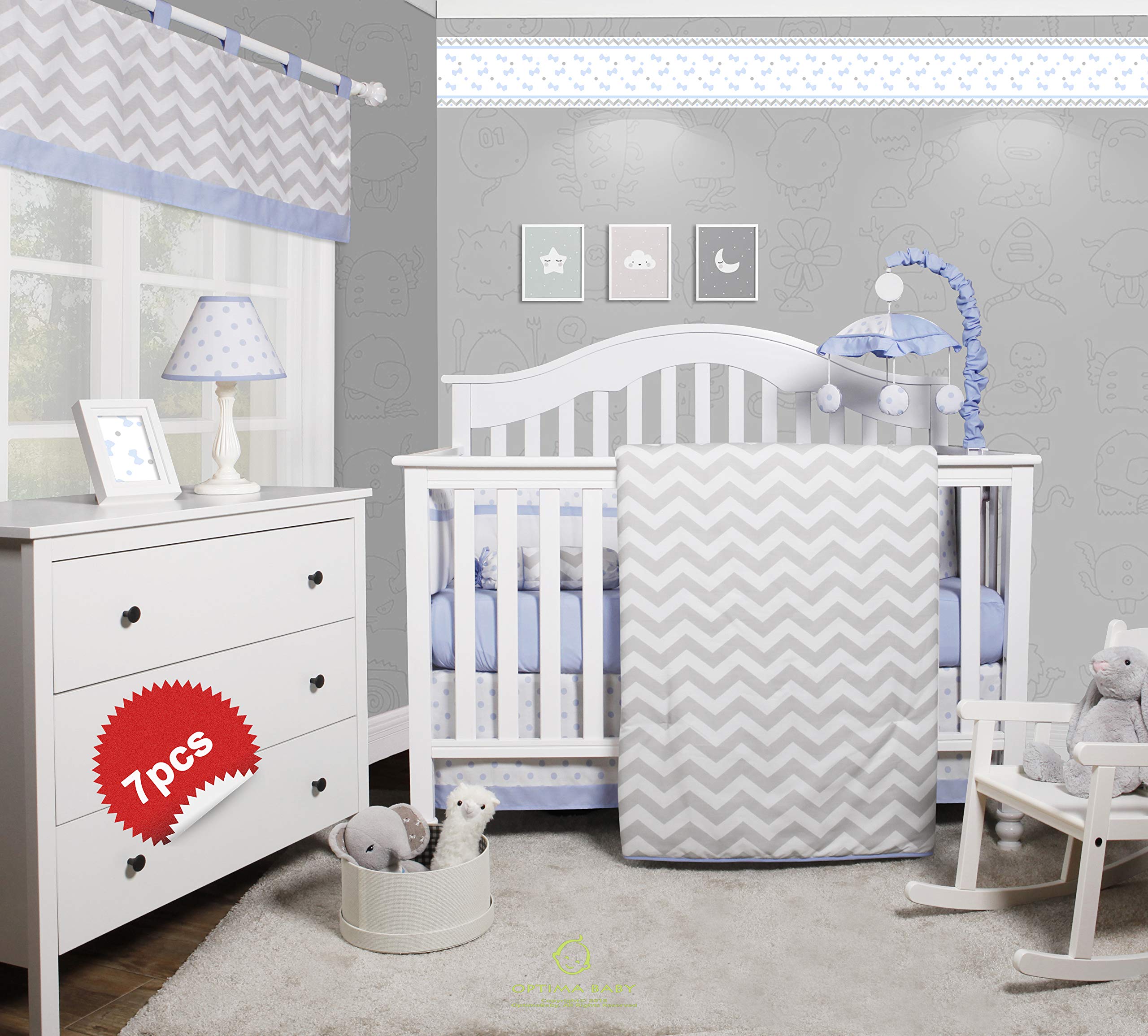 7-Piece Blue Chevron Baby Bedding Set with Lamp Shade - Soft Nursery Crib Bedding for Boys & Girls, Perfect for Newborns & Toddlers (Crib Sheet, Blanket, Bumper, Skirt, Pillowcase) - Ideal for Nursery Decor, Baby Showers & Cozy Bedtime
