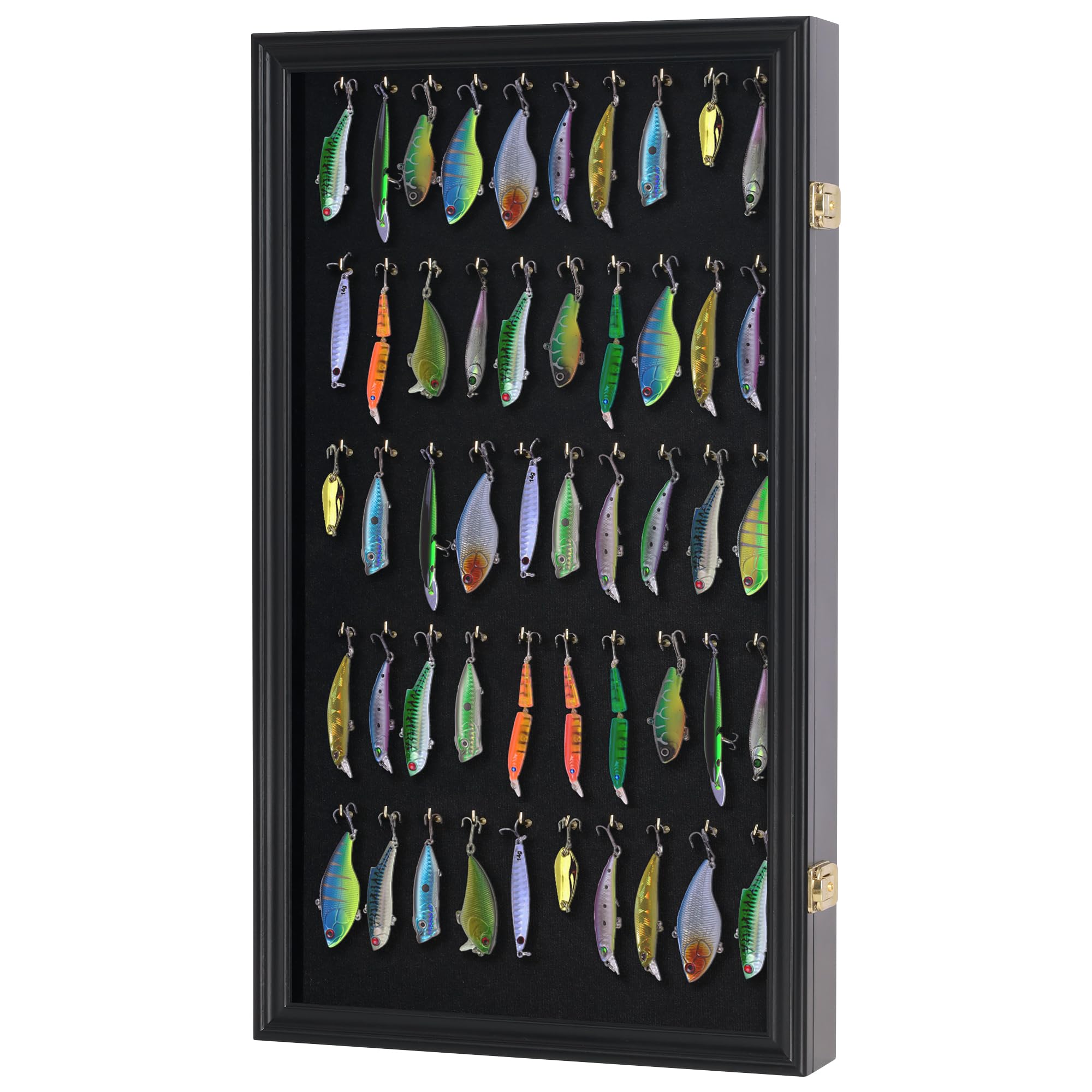 Wall Mount Display Case for Keychains, Fishing Lures & Pocket Watches - Black Finish Glass Cabinet - Perfect for Living Room Decor, Collectible Showcase & Retail Store Display