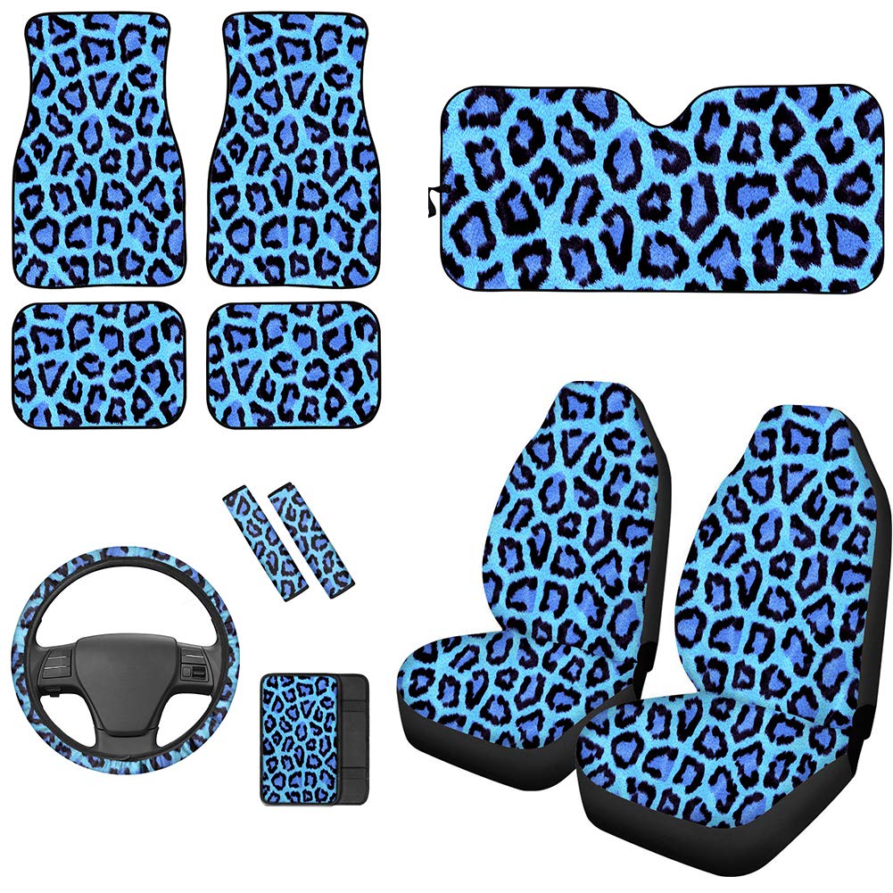 UNICEU Blue Leopard Print Car Accessories Set - Front Seat Covers, Steering Wheel Cover, Console Pad, Seat Belt Covers, Sunshade & Non-Slip Floor Mats | Animal Print Auto Interior Decor for Sedans, SUVs & Trucks | Perfect for Road Trips, Daily Commute & Vehicle Protection