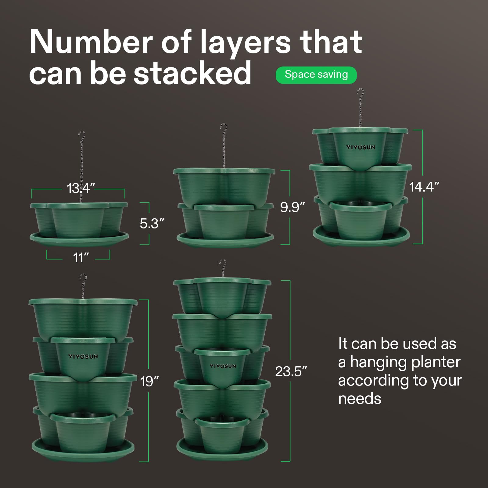 VIVOSUN 5-Tier Stackable Vertical Garden Planter for Strawberries, Flowers, Herbs, Vegetables - Space Saving Indoor/Outdoor Gardening Solution - Perfect for Balcony, Patio, Small Spaces (Dark Green)