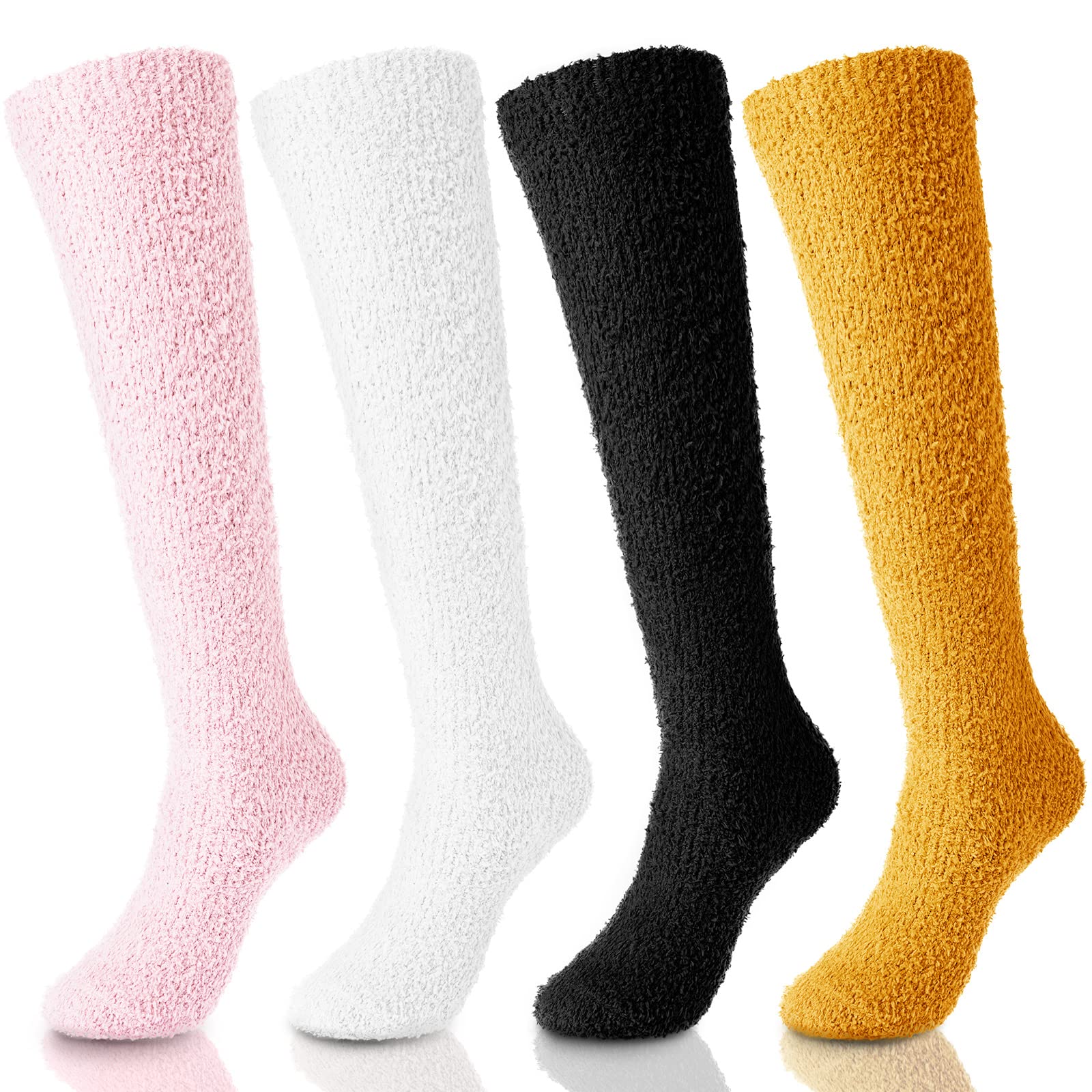 Cozy Women's Fuzzy Knee High Socks 4-Pack - Ultra Soft Warm Plush Winter Socks for Women (Black/White/Pink/Ginger) - Perfect for Lounging, Cold Weather & Gift Giving