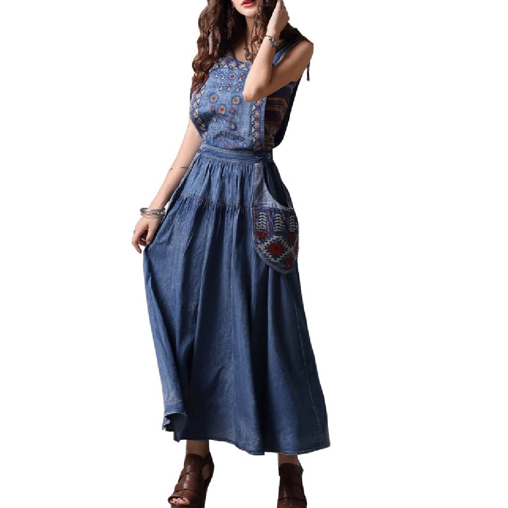 Vintage Embroidered Patchwork Denim Dress for Women - Loose Fit Comfortable Casual Spring Dress with Pockets (Blue, Size L) | Perfect for Spring Outings, Casual Wear, and Everyday Fashion