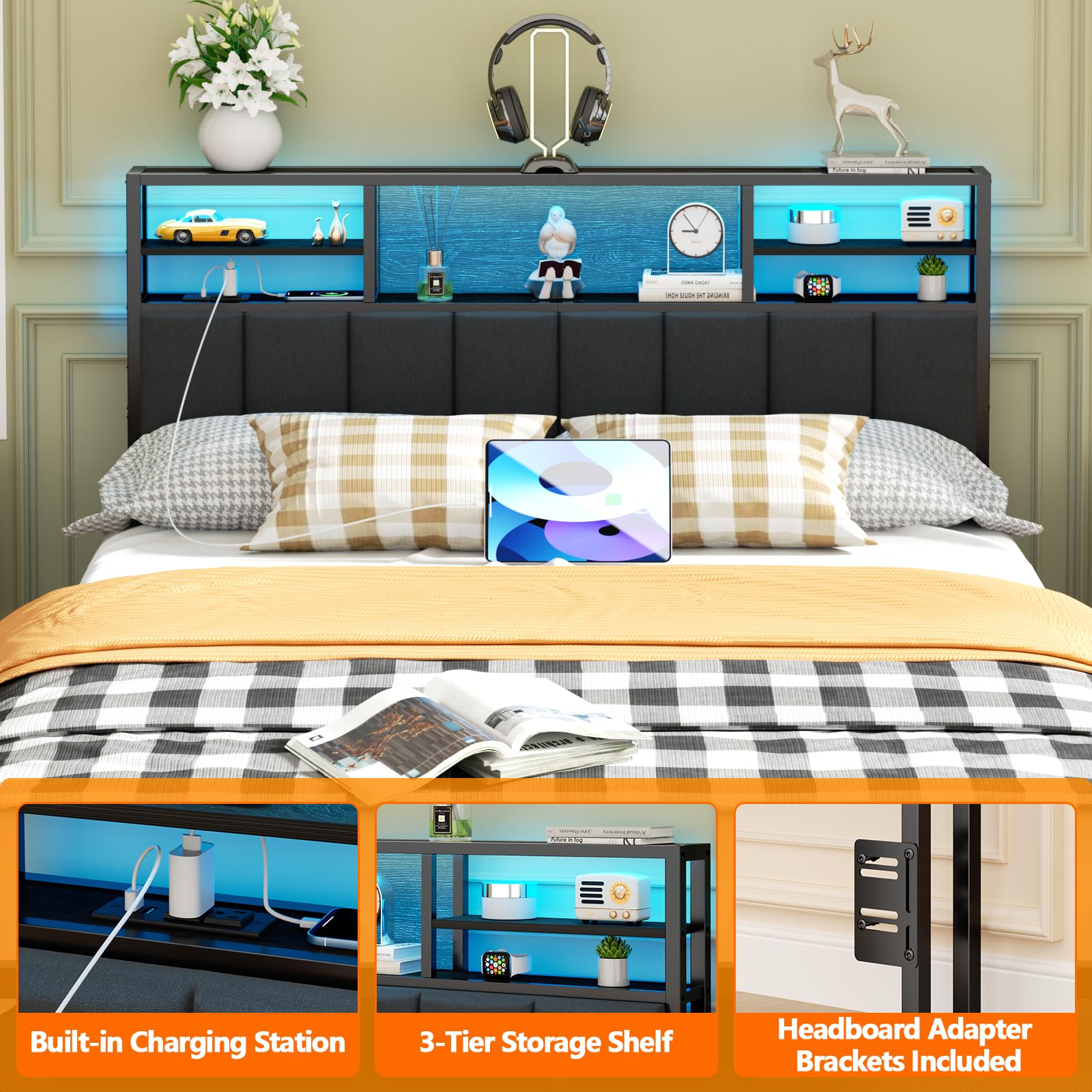 Furnulem Queen Size Bed Headboard with Storage Shelves, USB Ports & Outlets, LED Lighting - Adjustable Height, Sturdy Design with Charging Station - Perfect for Bedroom Organization & Modern Home Decor