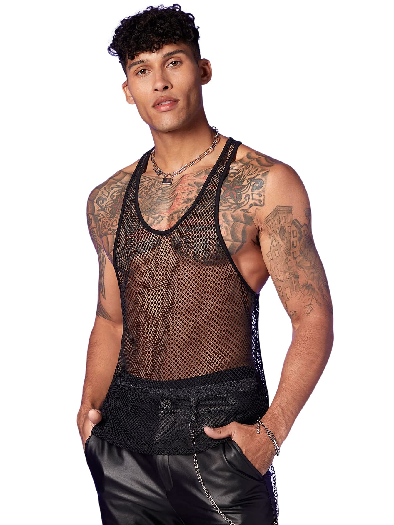 WDIRARA Men's Fishnet Tank Top - Breathable Mesh Scoop Neck Sleeveless Shirt for Gym, Beach & Summer Fashion | Athletic & Casual Wear