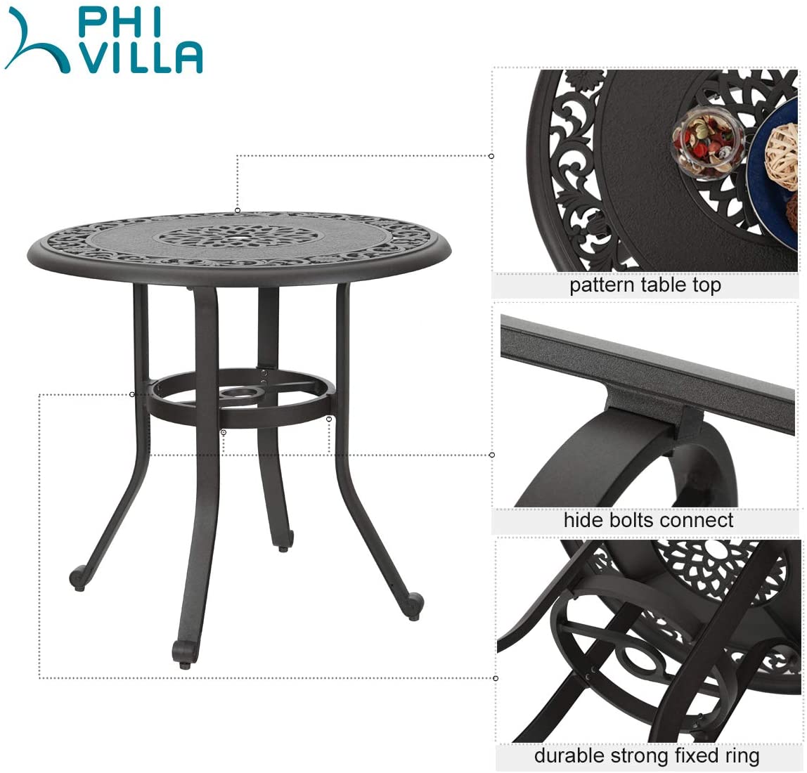 MFSTUDIO 32 Inch Round Cast Aluminum Outdoor Dining Table - Patio, Garden, Backyard, Restaurant, Cafe, Bistro Use