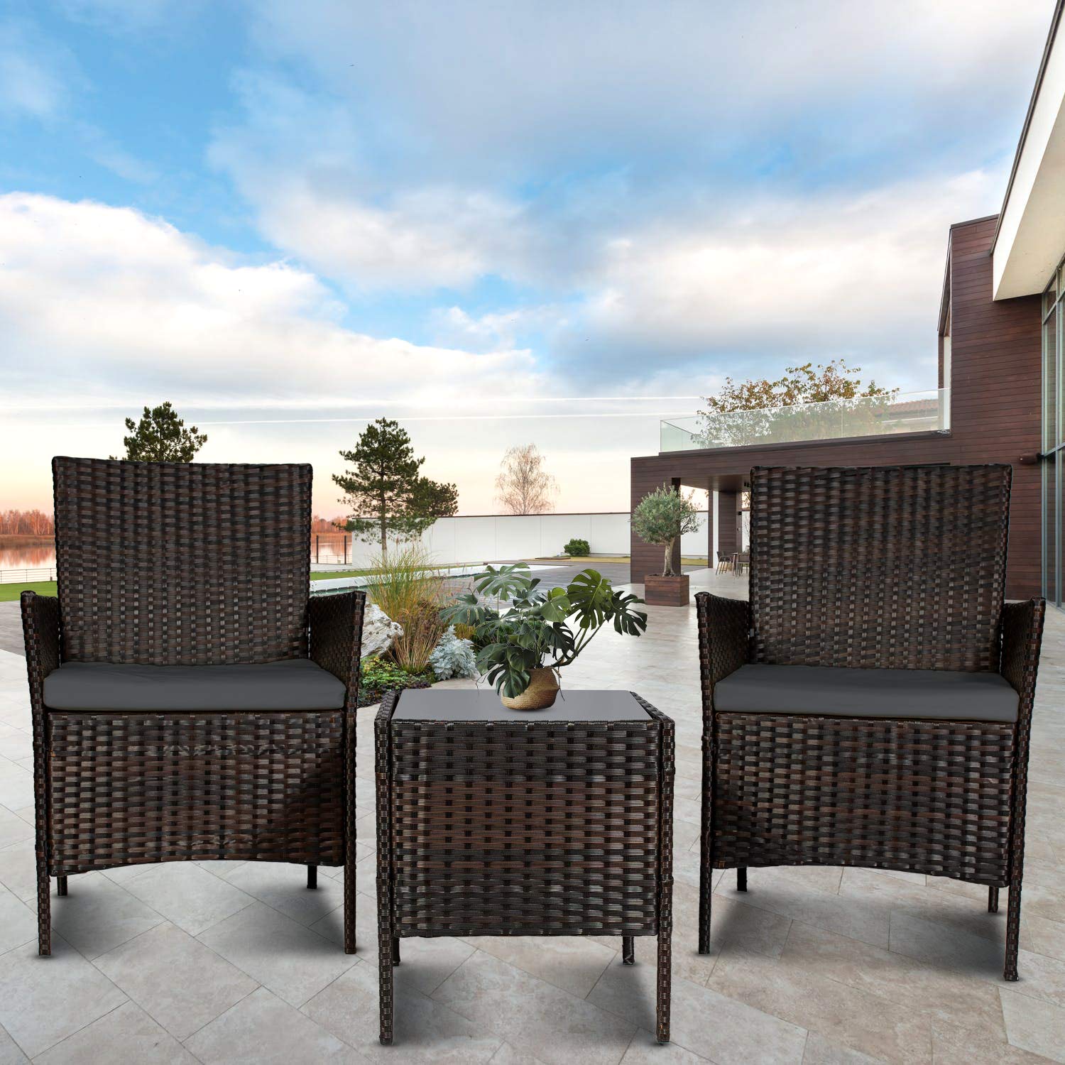 3-Piece Modern Outdoor Patio Furniture Set - Wicker Bistro Table & Chairs for Garden, Porch, Backyard (Brown/Grey) - Perfect for Relaxing, Dining & Entertaining Guests